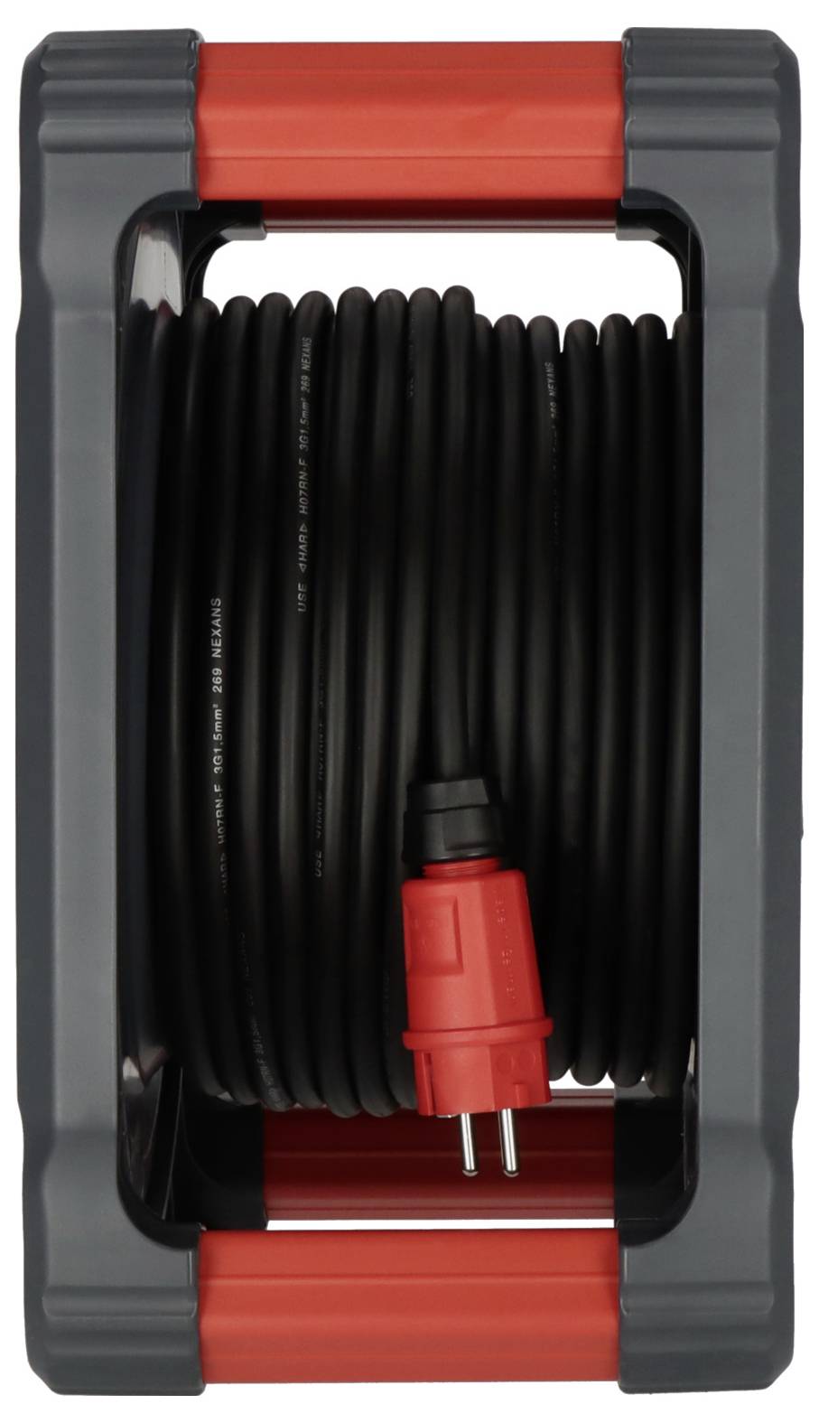 Ein langes schwarzes Verlängerungskabel auf einer grauen und roten Kabeltrommel, geeignet für den Innen- und Außeneinsatz.