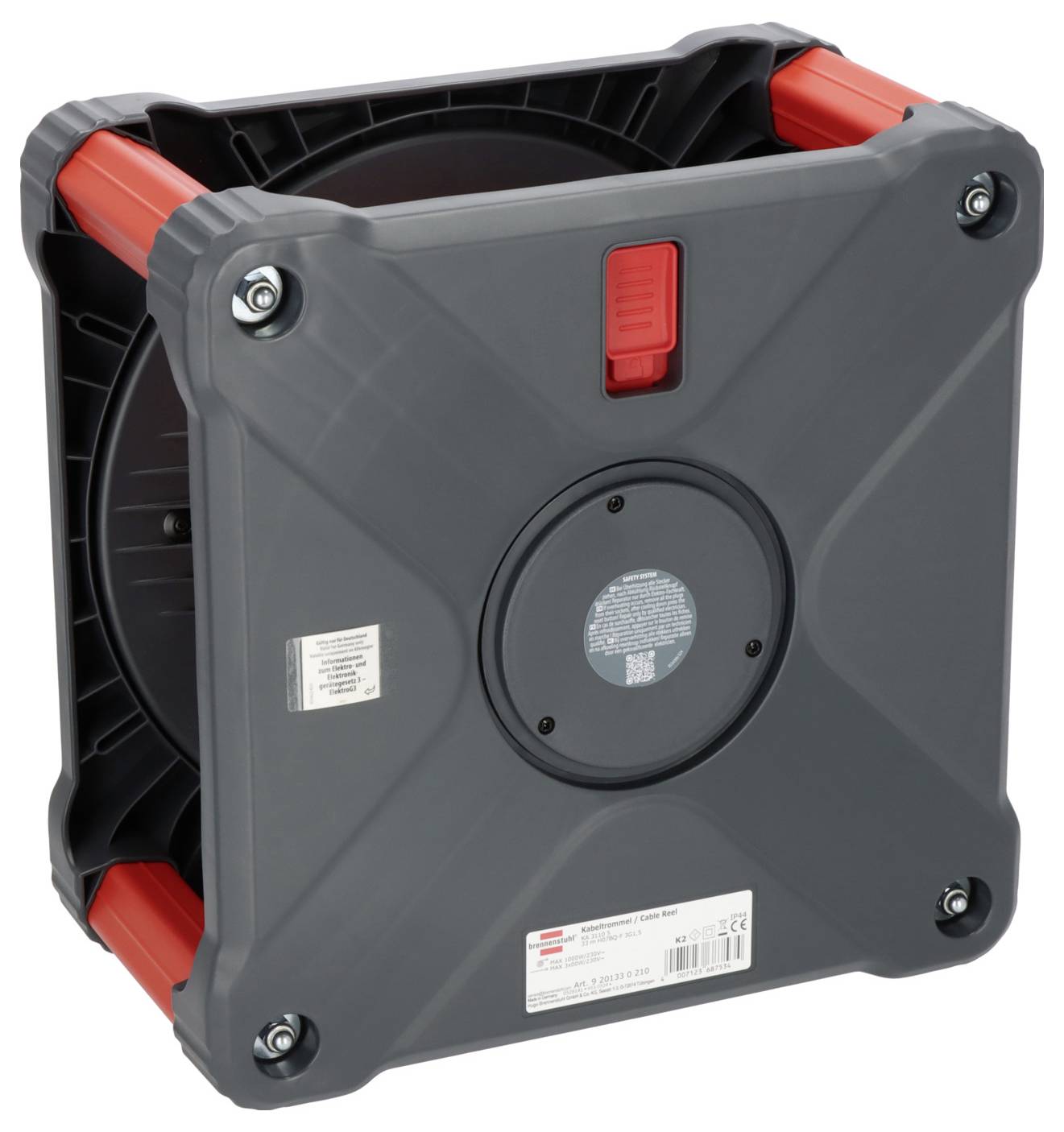 Ein graues, quadratisches, tragbares Gerät mit roten Griffen und einer runden zentralen Abdeckung, vermutlich eine Kabelbox.