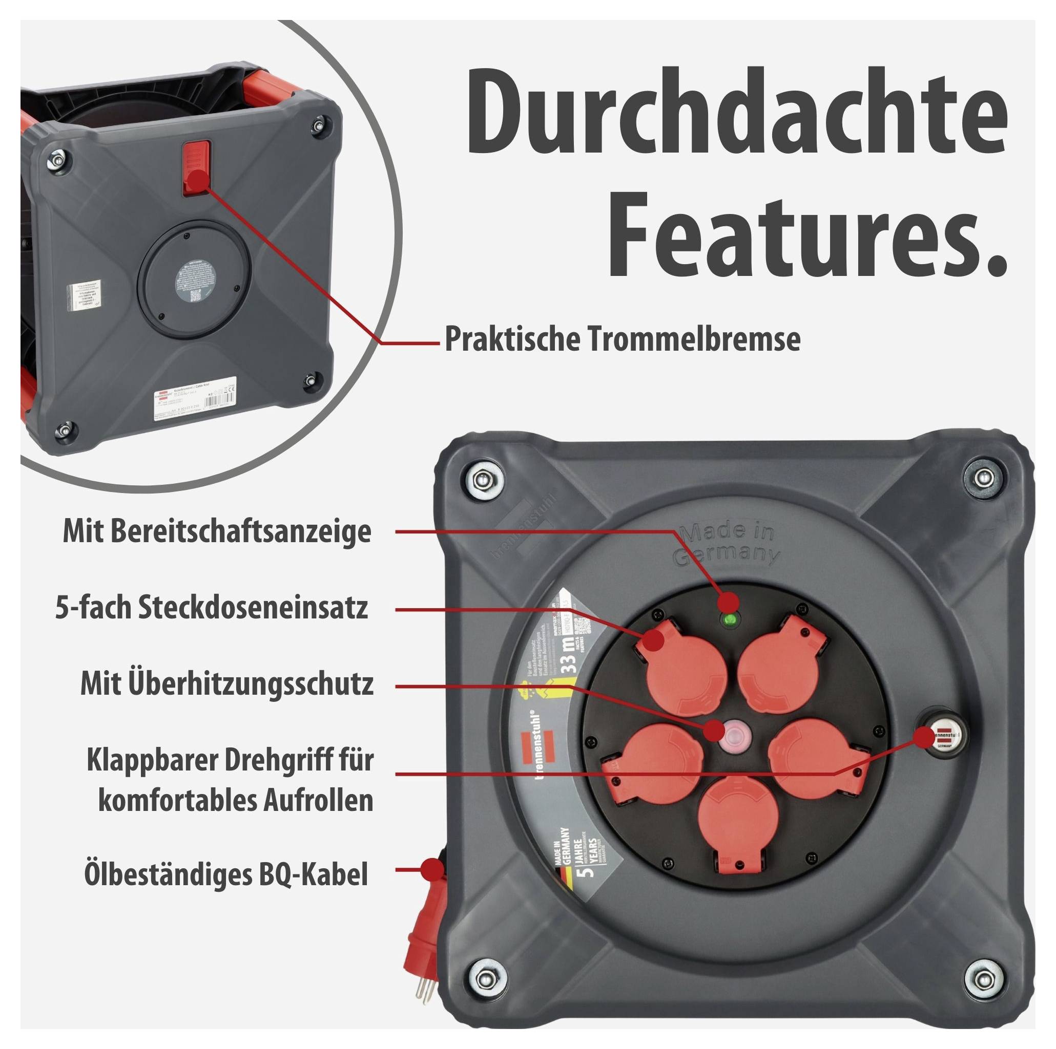 Werbung für eine Kabeltrommel mit 'Durchdachte Features': Trommelbremse, Bereitschaftsanzeige, 5-fach Steckdoseneinsatz, Überhitzungsschutz und klappbarer Drehgriff.