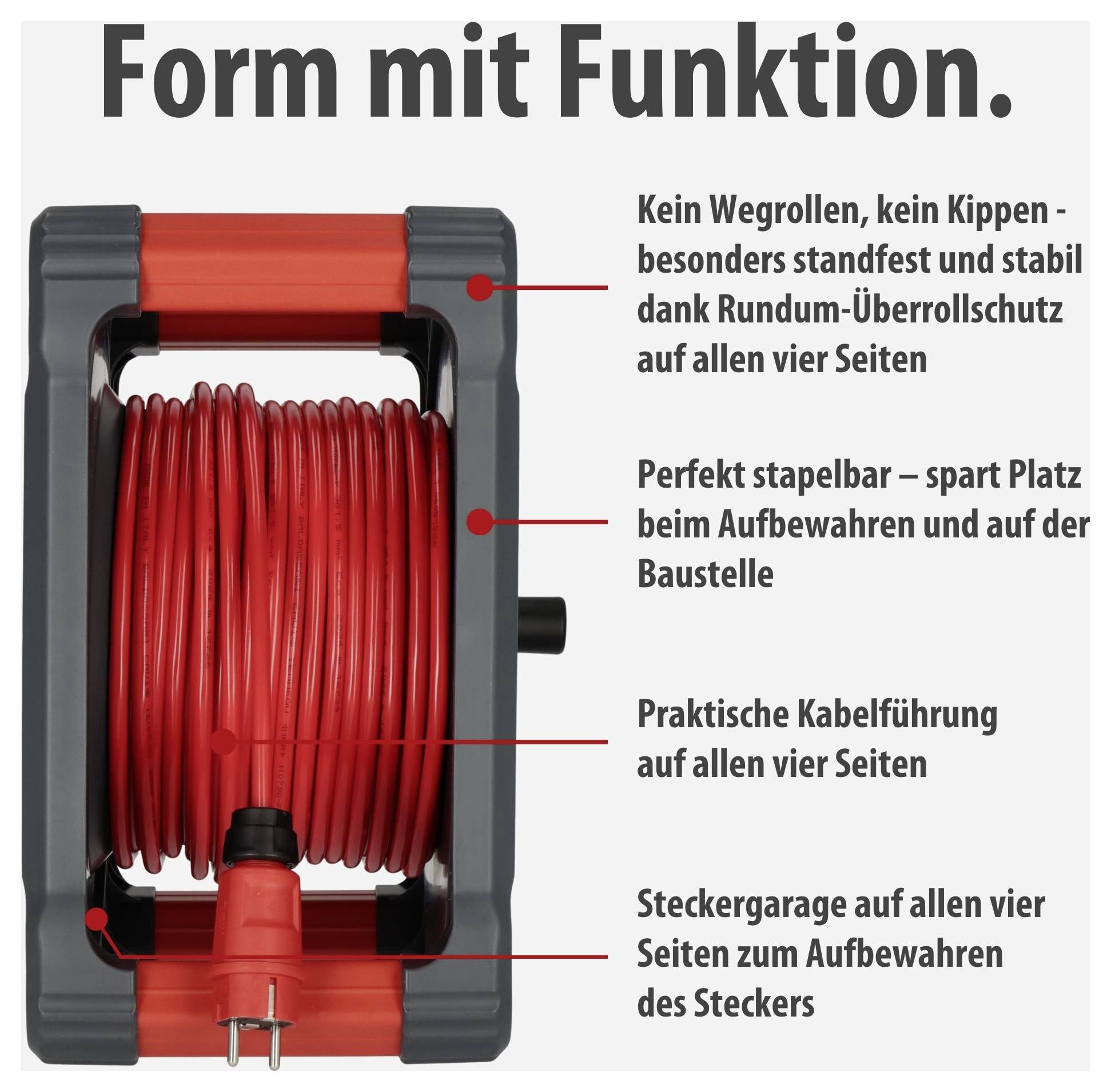 Rote Kabeltrommel mit Schutzrahmen und vier erklärenden Hinweisen: standsicher, stapelbar, Kabelführung und Steckergarage.