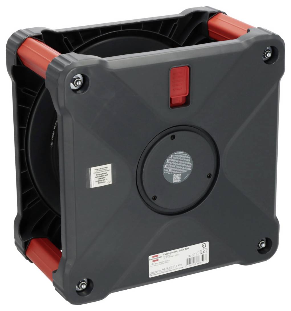 Schwarze Kabeltrommel mit roten Griffen, quadratische Form, für den Transport elektrischer Kabel, stabiler Kunststoffrahmen.