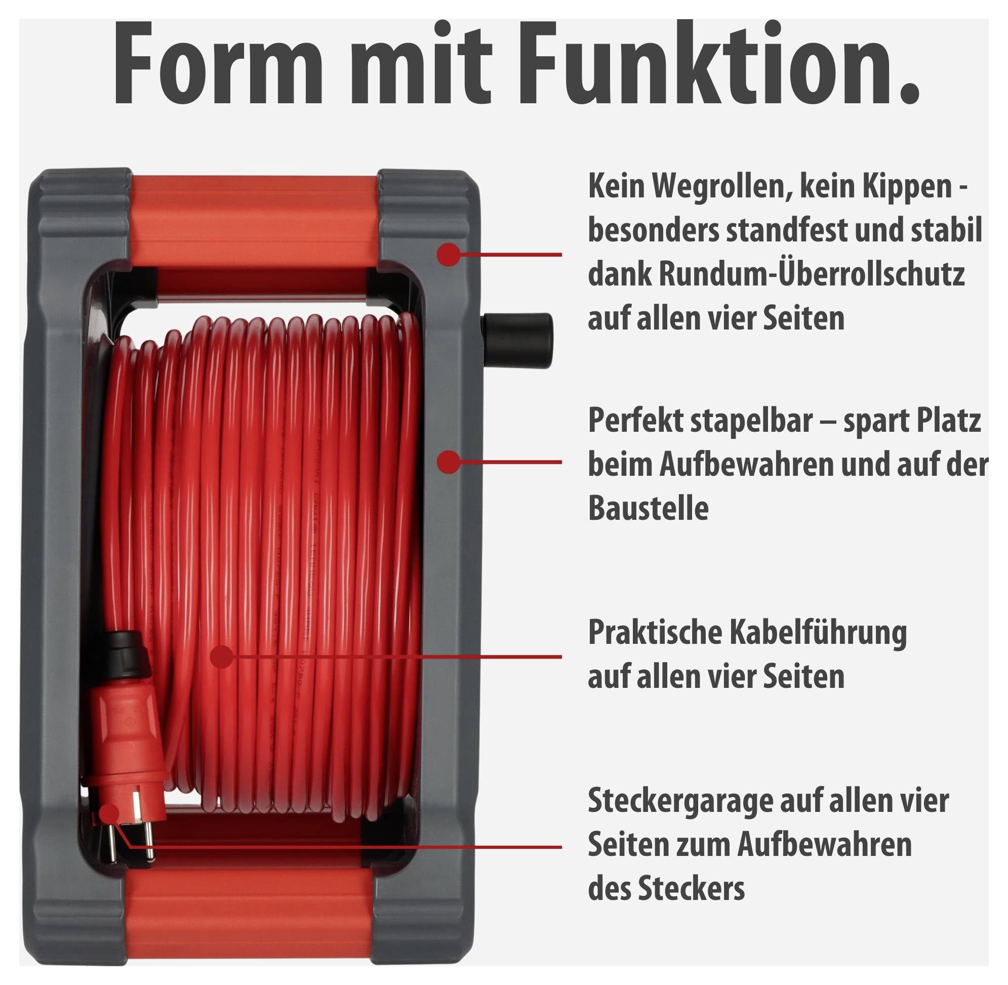 Roter Kabelaufroller mit vierseitigem Rundum-Überrollschutz; Text nennt: kippsicher, stapelbar, praktische Kabelführung und Steckergarage.
