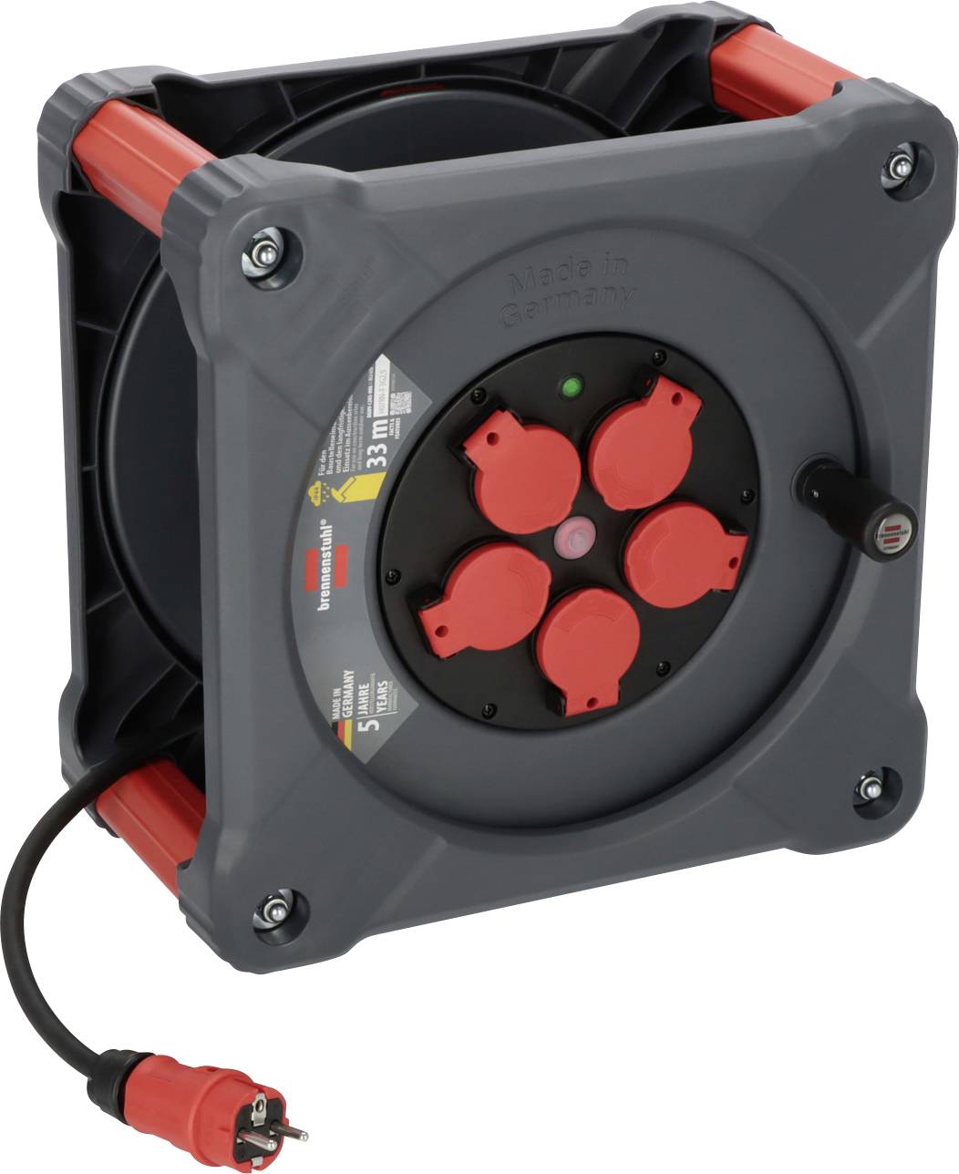 Graue Kabeltrommel mit rotem Griff und vier Steckdosen. Ein rotes Kabel ist teilweise aufgerollt. Geeignet für den Innengebrauch.