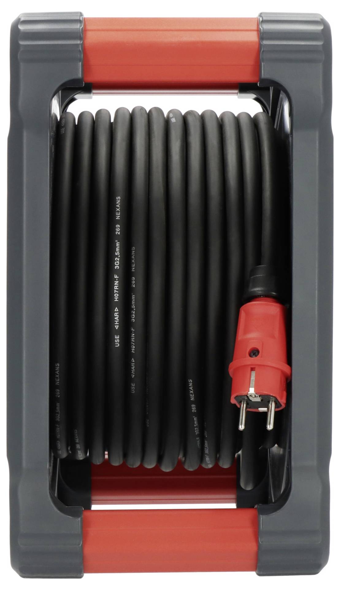 Schwarzes Verlängerungskabel auf einer grauen und roten Kabeltrommel, geeignet für den Innen- und Außenbereich.