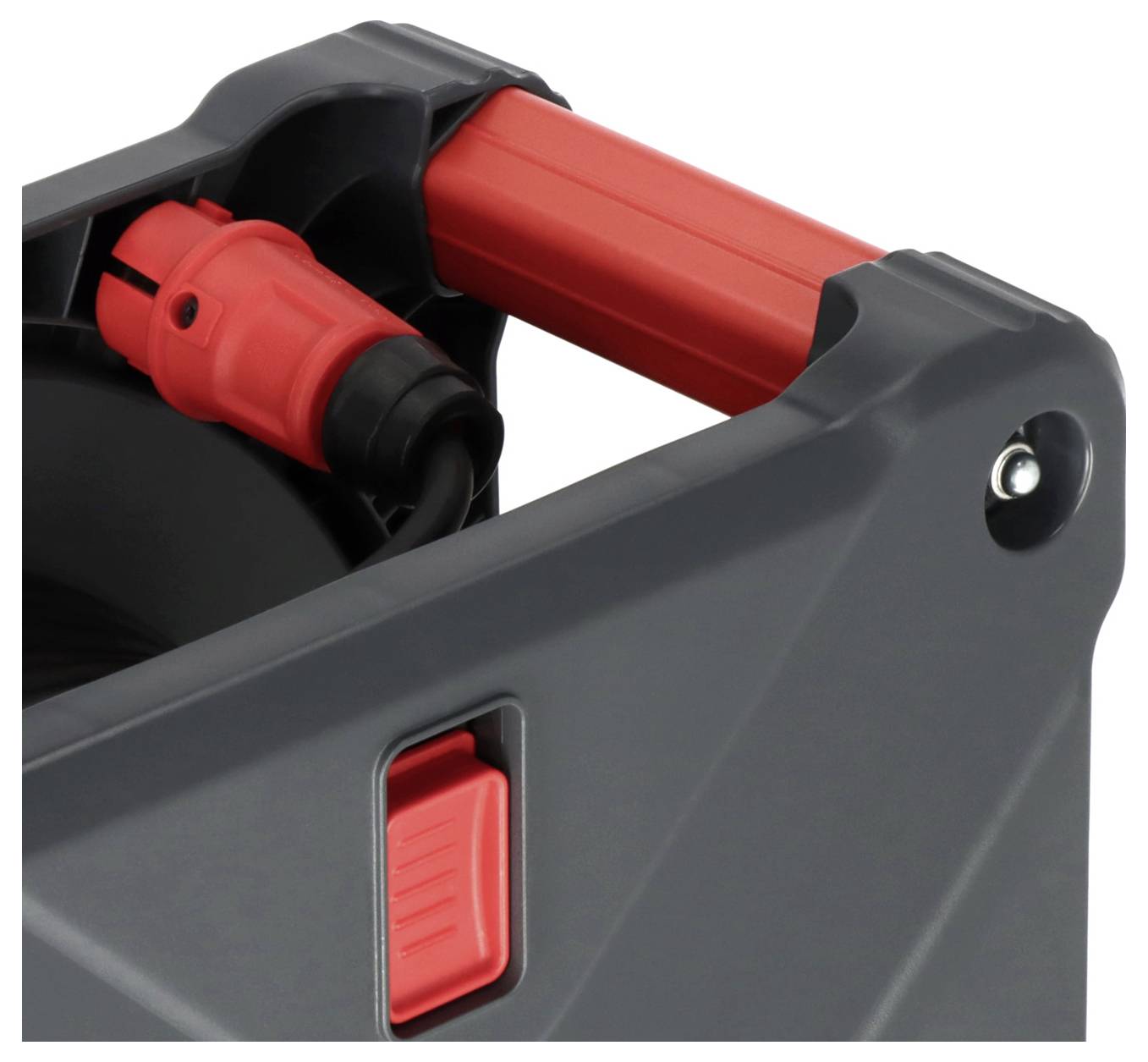 Ein graues Gehäuse mit rotem Griff und Kabelanschluss, geeignet für elektrische Geräte.