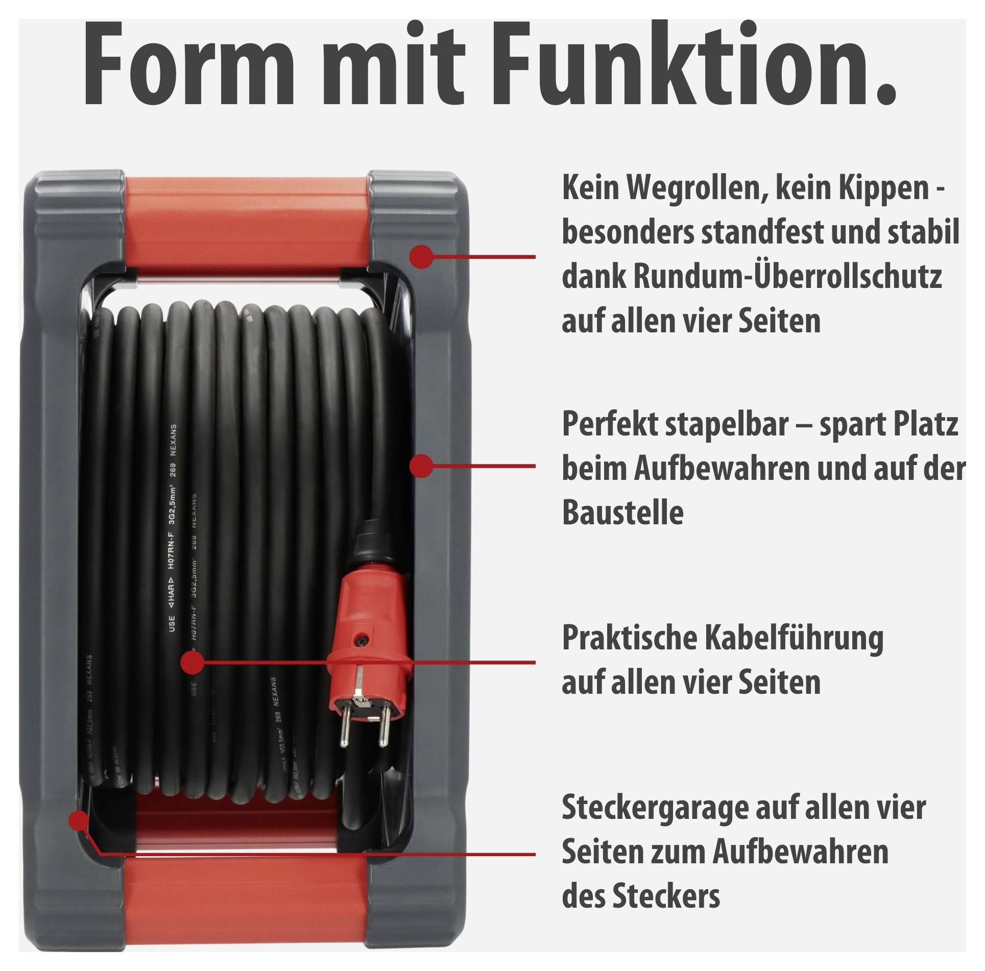 Bautrommel mit Kabel und Stecker; hervorgehoben werden Rundum-Überrollschutz, stapelbare Form, Kabelführung und Steckergarage auf allen vier Seiten.