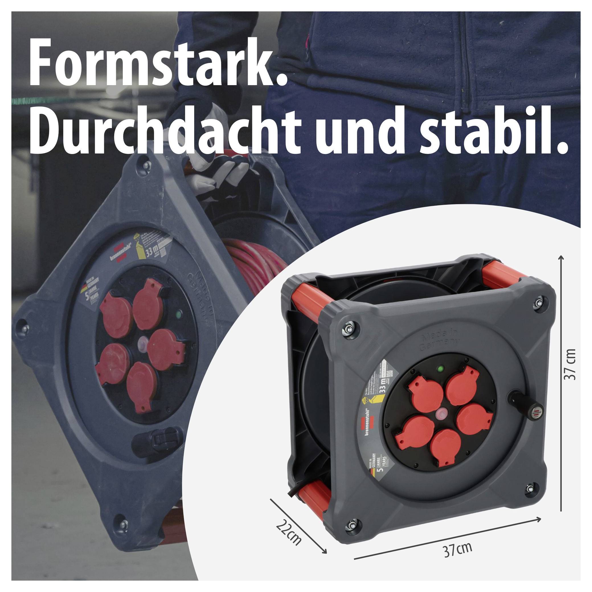 Werbeabbildung einer robusten Kabeltrommel mit Text 'Formstark. Durchdacht und stabil.'; Maße 37 × 37 × 22 cm sind eingezeichnet.