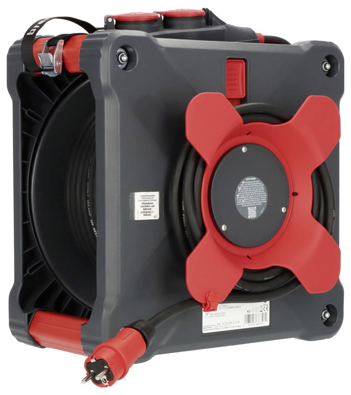 Ein tragbarer, quadratischer Kabeltrommel mit rotem und schwarzem Design, ausgerolltem Kabel und einem Griff zum einfachen Transport.