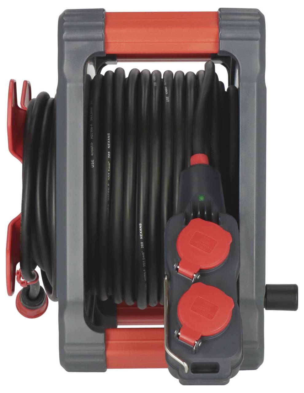 Rote und graue Kabeltrommel mit zwei Steckdosen und aufgerolltem Kabel. Geeignet für den Einsatz in Werkstätten oder Baustellen.