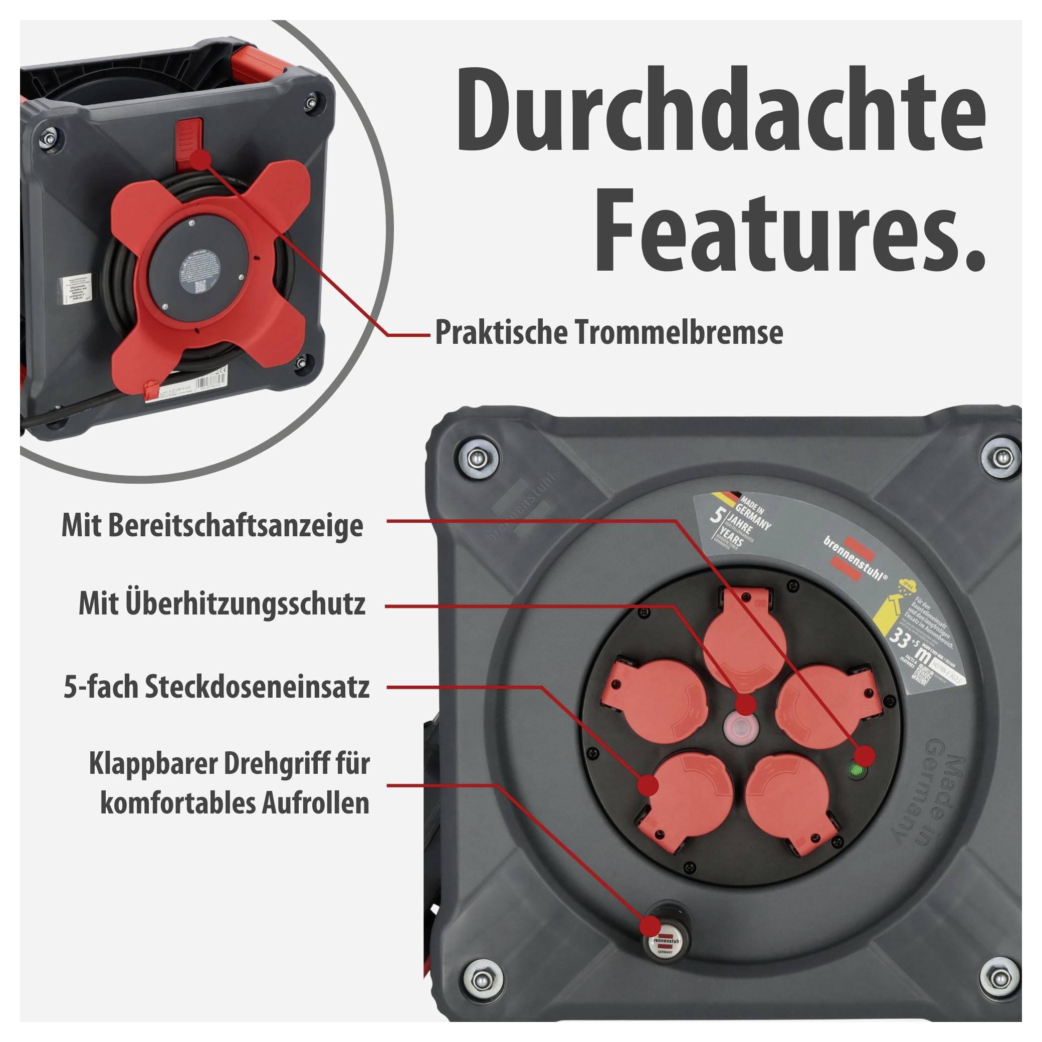 Werbegrafik für eine Kabeltrommel mit Titel 'Duchdachte Features.'; hebt Trommelbremse, Bereitschaftsanzeige, Überhitzungsschutz, 5-fach Steckdoseninsatz und klappbaren Drehgriff hervor.