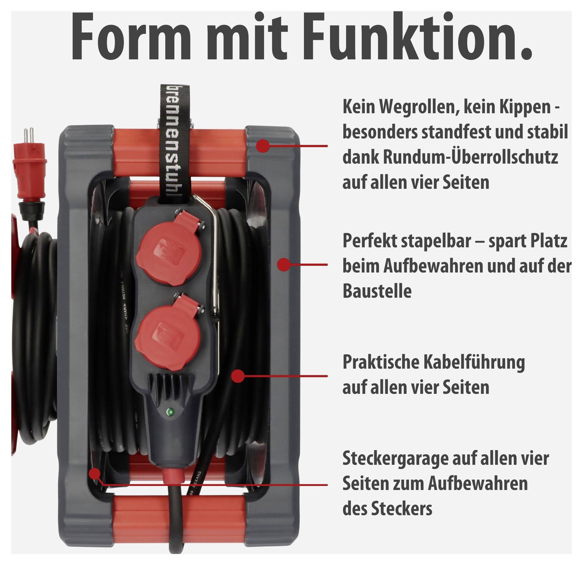 Abgebildet ist eine Kabeltrommel mit der Überschrift 'Form mit Funktion.'; sie wird mit stabiler, stapelbarer Bauweise, Kabelführung und Steckergarage auf allen vier Seiten beworben.