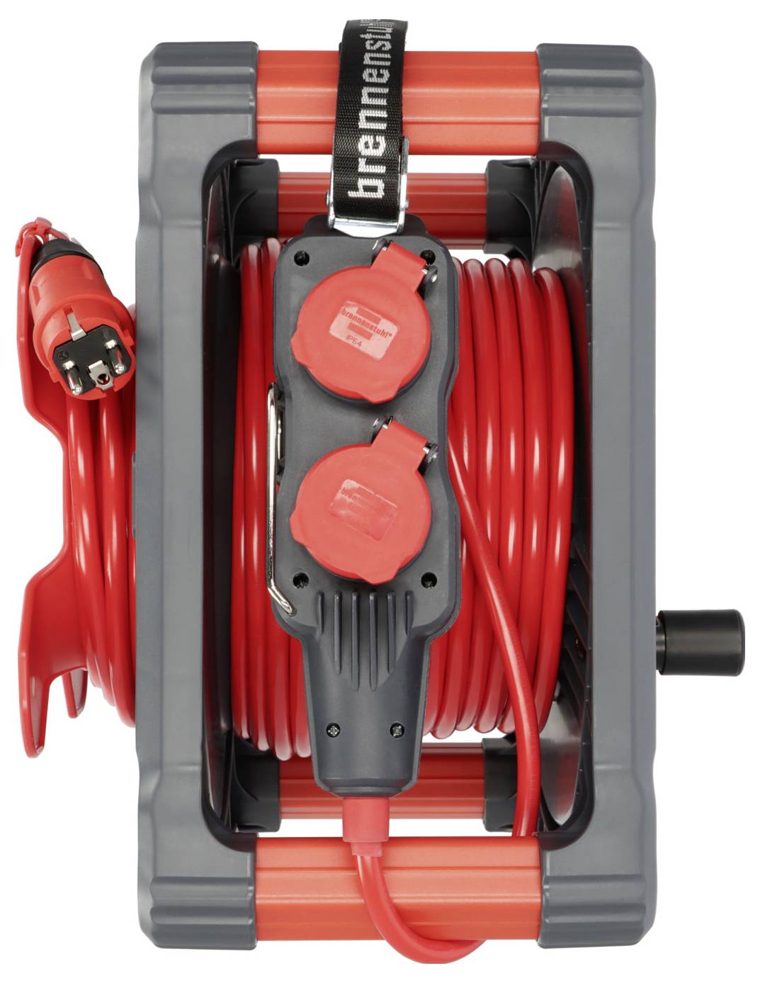 Ein graues Verlängerungskabel auf einer roten Kabeltrommel, mit zwei Steckdosen und einem Schutzstecker vorne, Marke 'Brennenstuhl'.