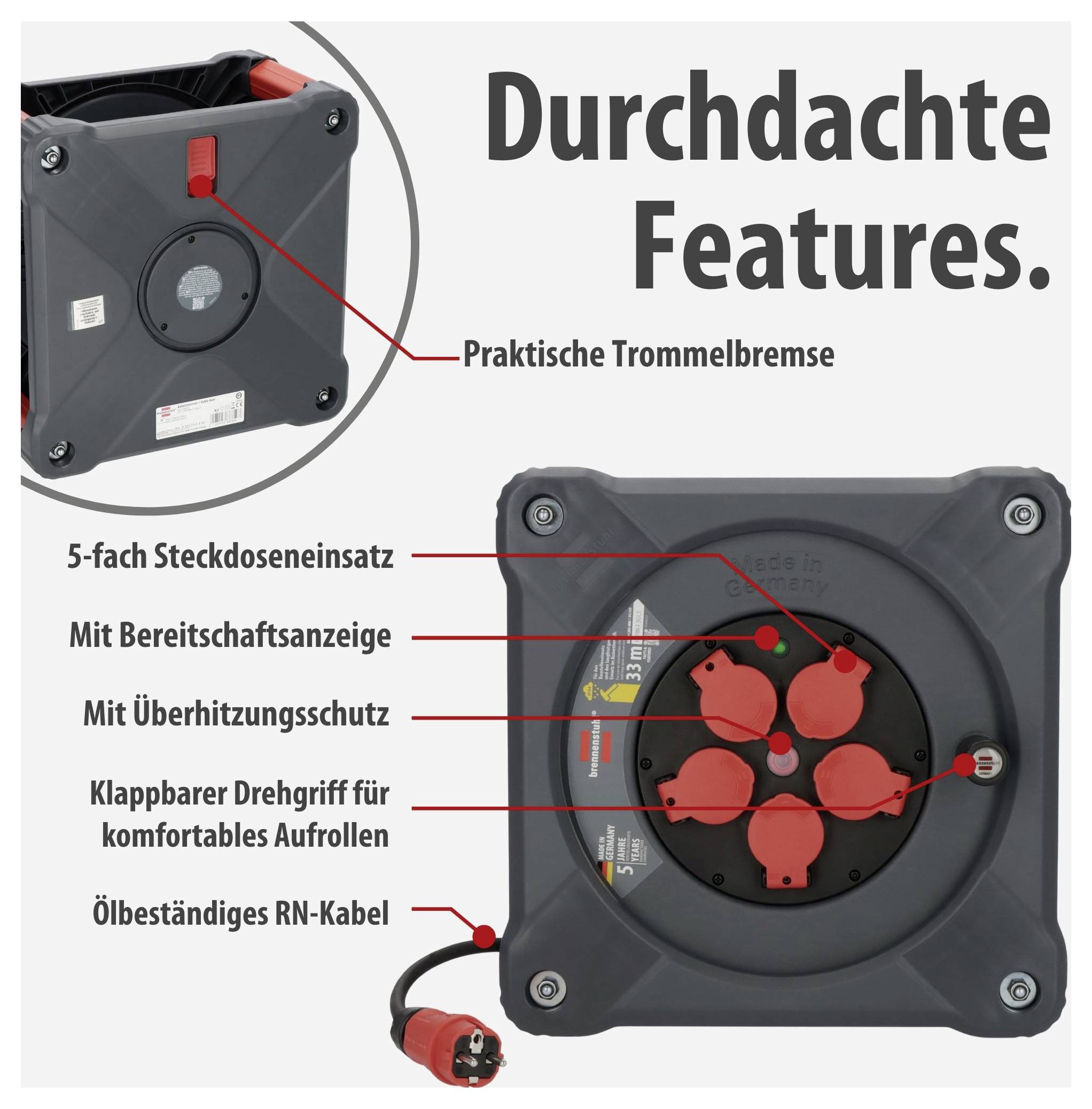 Werbegrafik eines Kabelaufrollers mit dem Titel 'Durchdachte Features', der Trommelbremse, 5 Steckdosen, Bereitschaftsanzeige, Überhitzungsschutz, Klappgriff und ölbeständiges Kabel hervorhebt.