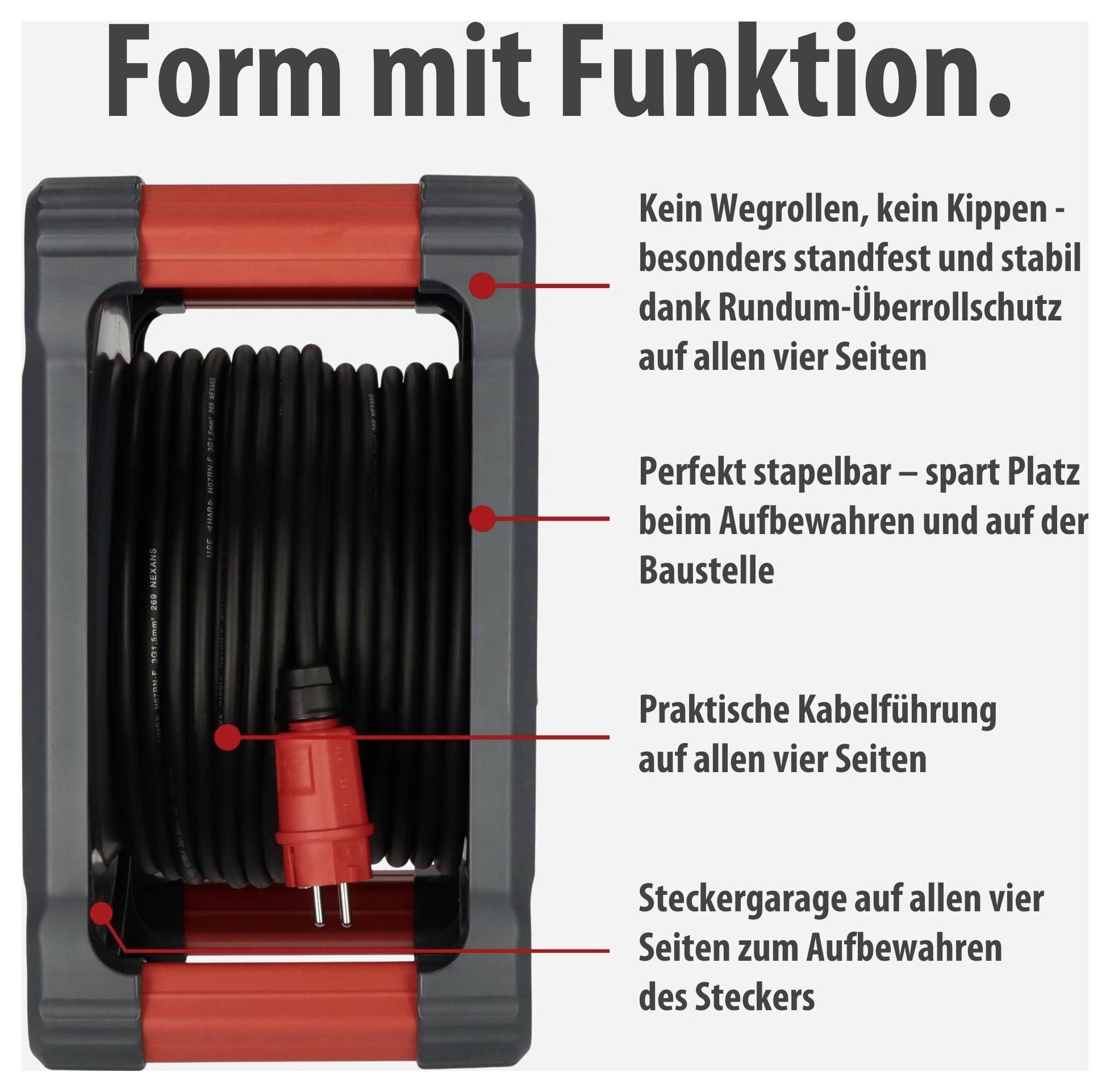 Werbetafel für eine Kabeltrommel mit Text 'Form mit Funktion.'; zeigt stabile, stapelbare Rolle mit Rundum-Überrollschutz, Kabelführung und Steckergarage.