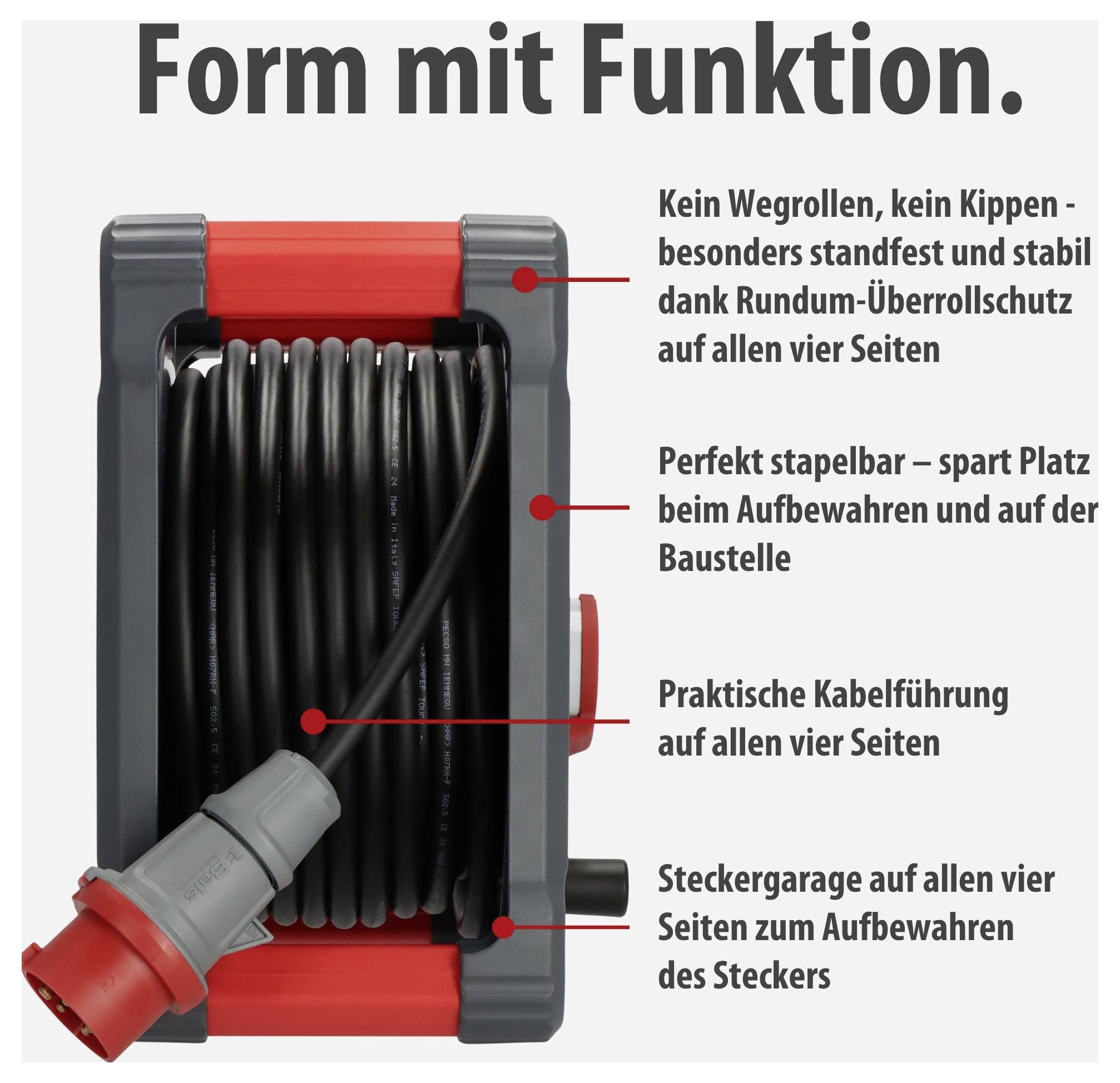 Kabeltrommel mit 'Form mit Funktion': standfest, stapelbar, Kabelführung und Steckergarage auf allen vier Seiten.