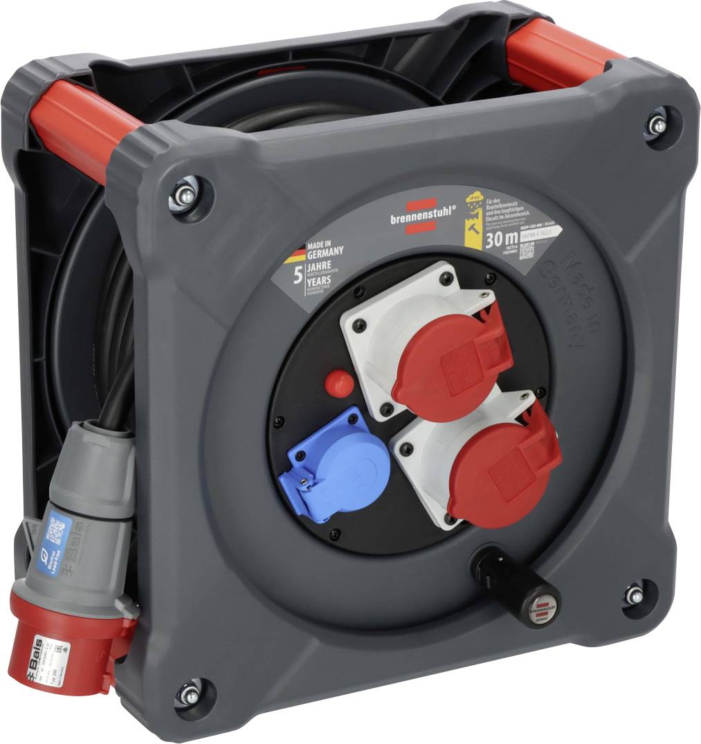 Kabeltrommel mit 30 m Länge, zwei roten und einem blauen Steckplatz, graues Gehäuse, rote Griffe, geeignet für Außenbereiche.