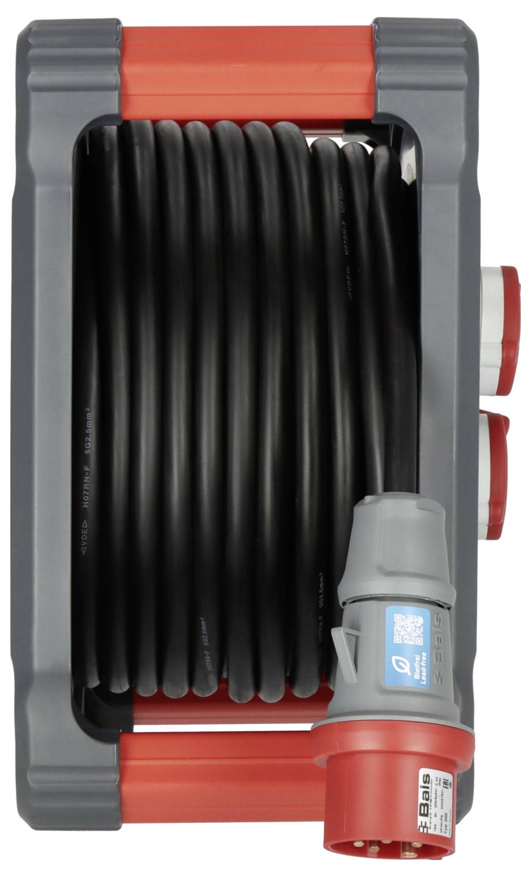 Kabeltrommel mit schwarzem Kabel und rotem Stecker, aufgerollt in einem grauen Gehäuse. Geeignet für industrielle Anwendungen.