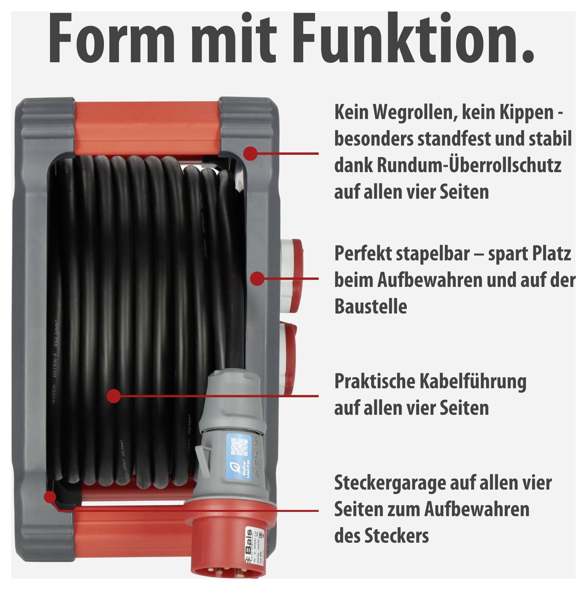 Werbegrafik für eine Kabeltrommel: 'Form mit Funktion.' zeigt Vorteile wie standsicheren, stapelbaren Rundum-Überschutz, Kabelführung und Steckergarage auf vier Seiten.
