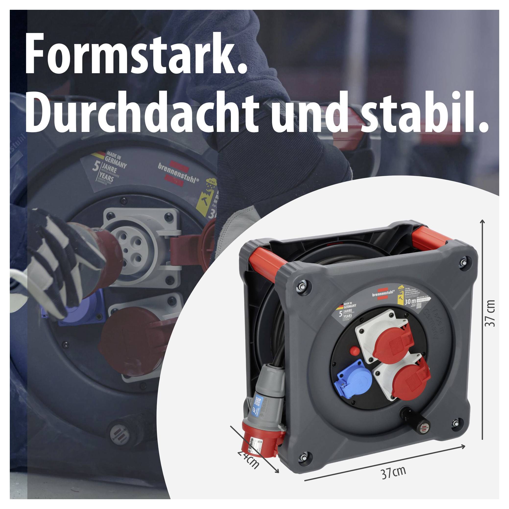 Werbegrafik mit Kabeltrommel: 'Formstark. Durchdacht und stabil.' Produktabbildung mit Maßen 37 cm x 37 cm und 4 cm Anschluss.