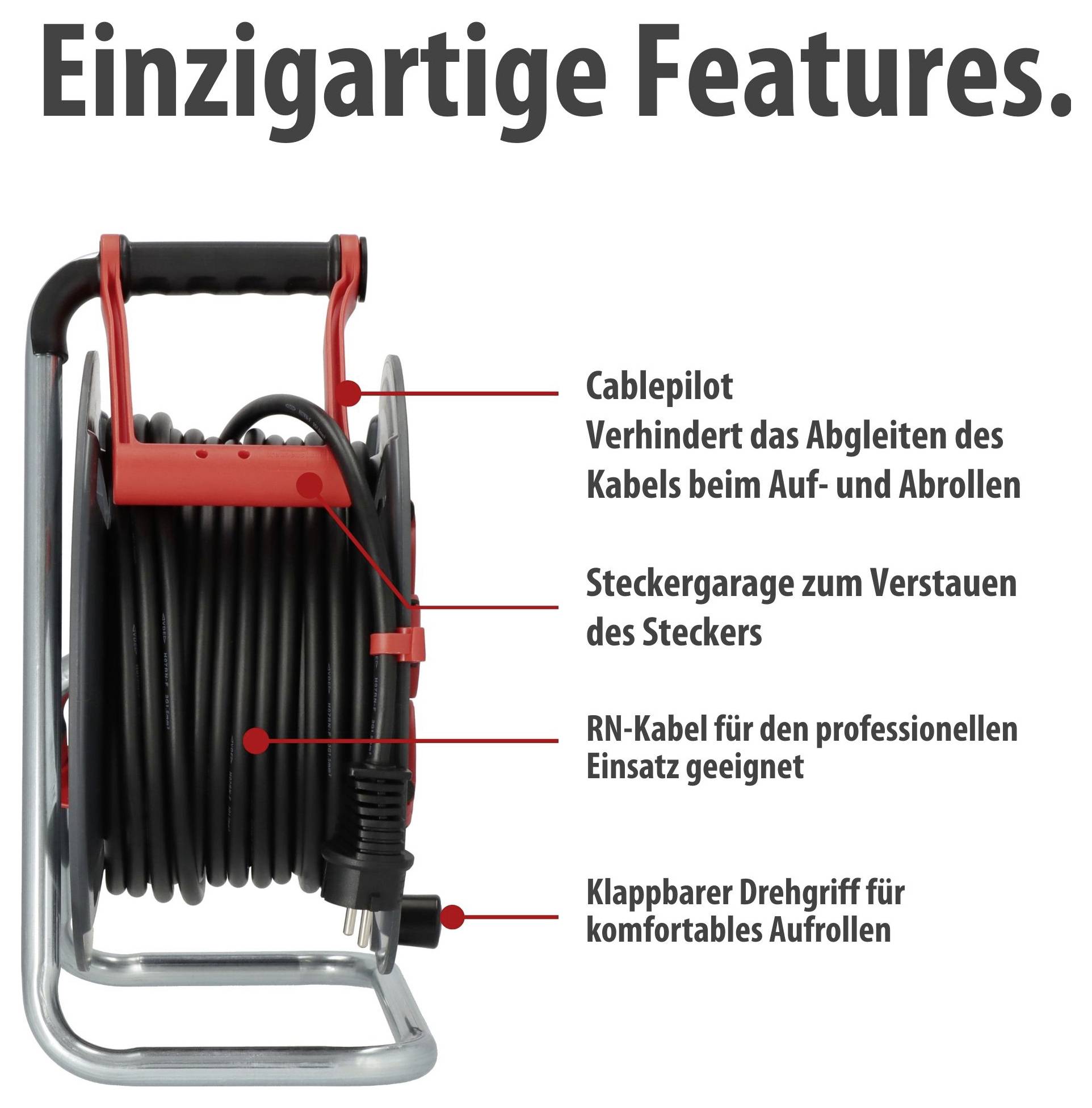 Kabeltrommel mit den 'Einzigartige Features': Cablepilot gegen Abrutschen, Steckergarage, RN-Kabel und klappbarer Drehgriff.