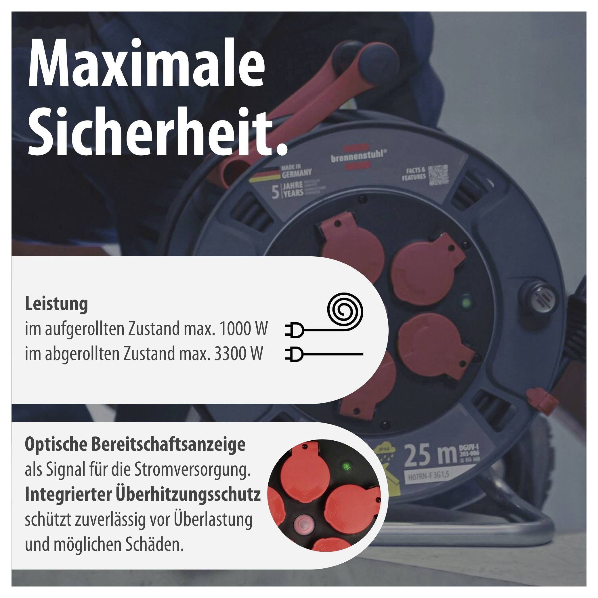 Kabeltrommel mit Sicherheitsfunktionen: maximale Leistung 1000 W abgerollt, 3300 W aufgerollt, optische Bereitschaftsanzeige und Überhitzungsschutz.