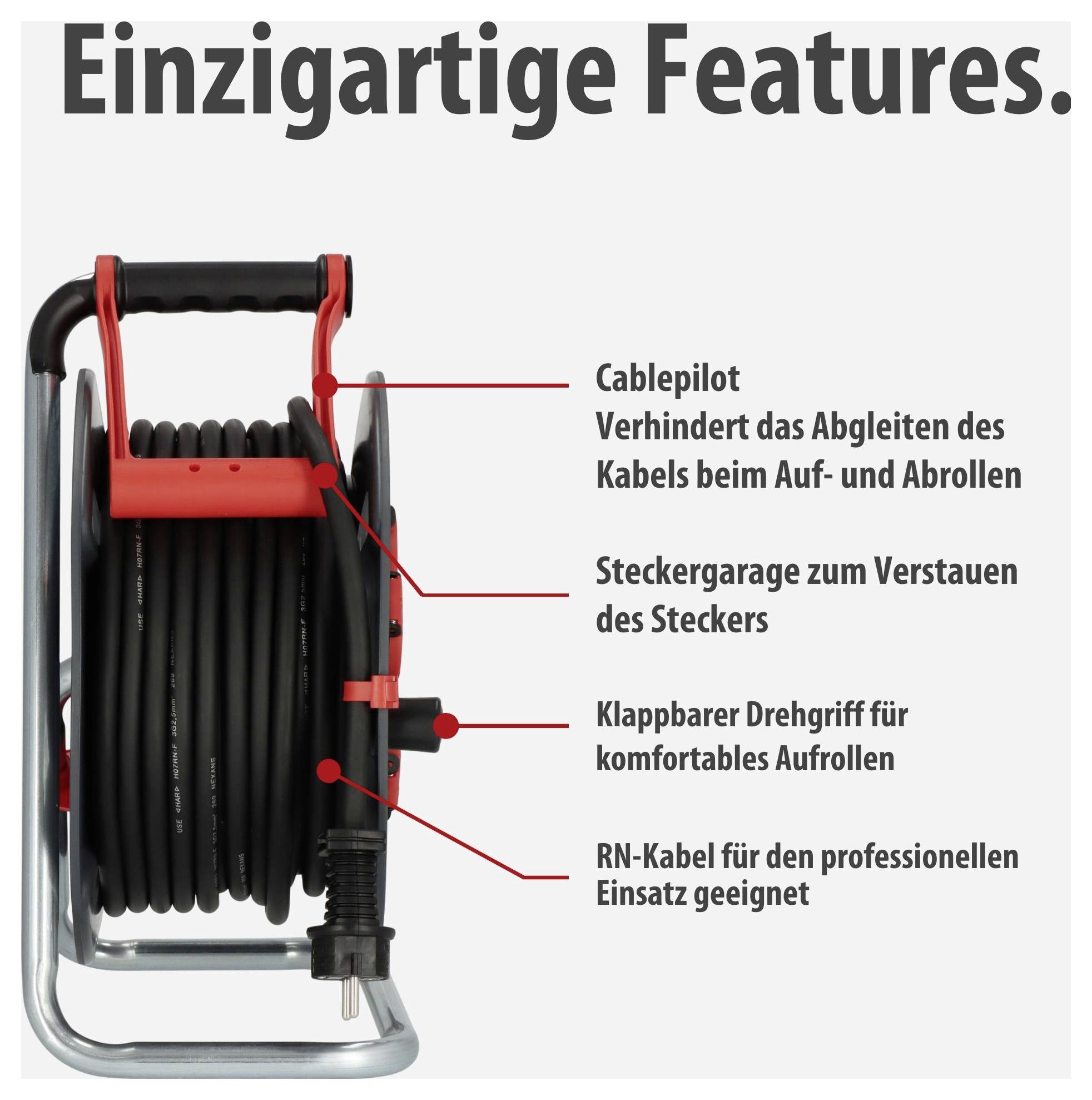 Kabeltrommel mit 'Einzigartige Features': Cablepilot gegen Kabelrutschen, Steckergarage, klappbarer Drehgriff und RN-Kabel für professionellen Einsatz.