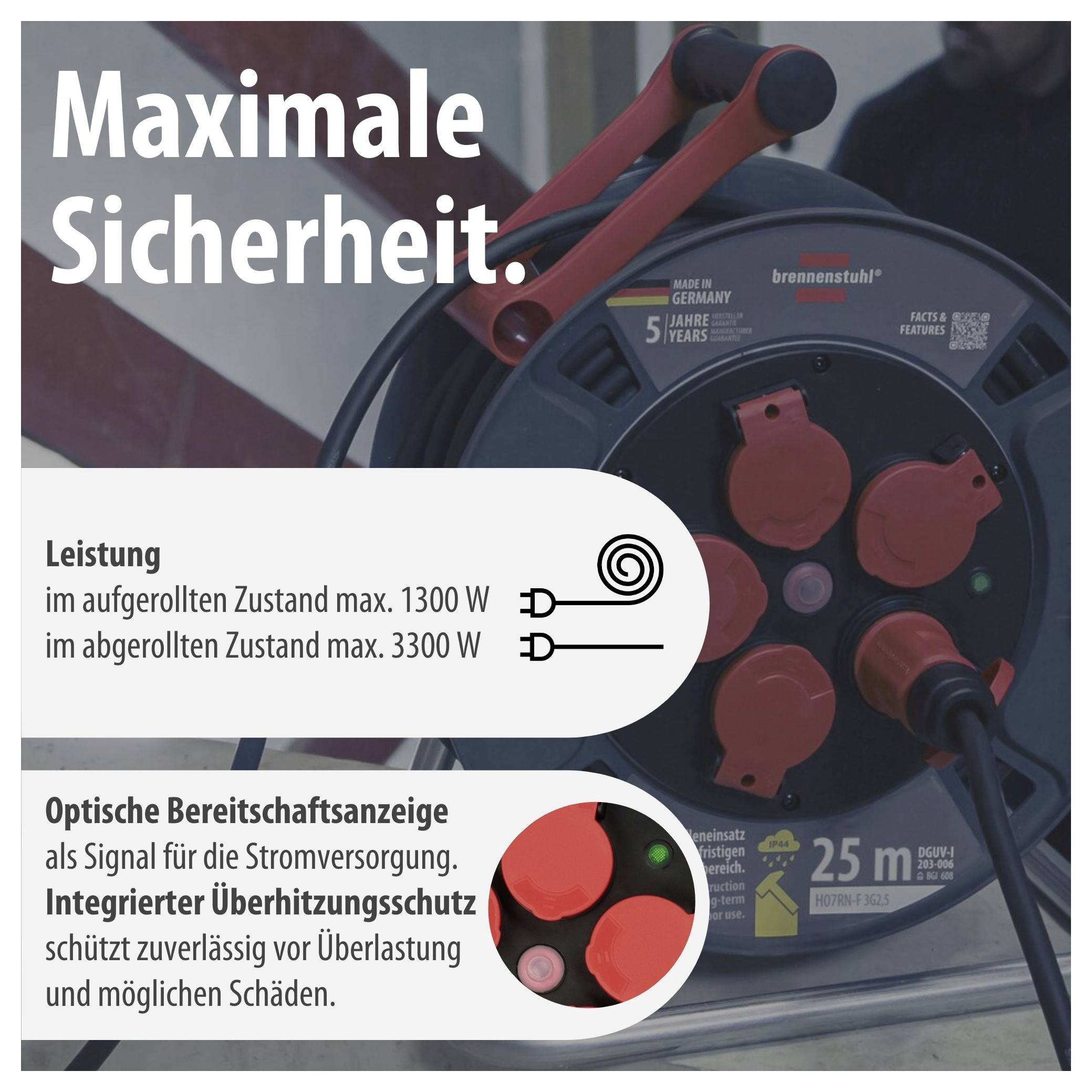 Werbeplakat für ein Kabeltrommel-Verlängerungskabel mit der Überschrift 'Maximale Sicherheit'; nennt Leistung 1300 W/3300 W, optische Bereitschaftsanzeige und Überhitzungsschutz.