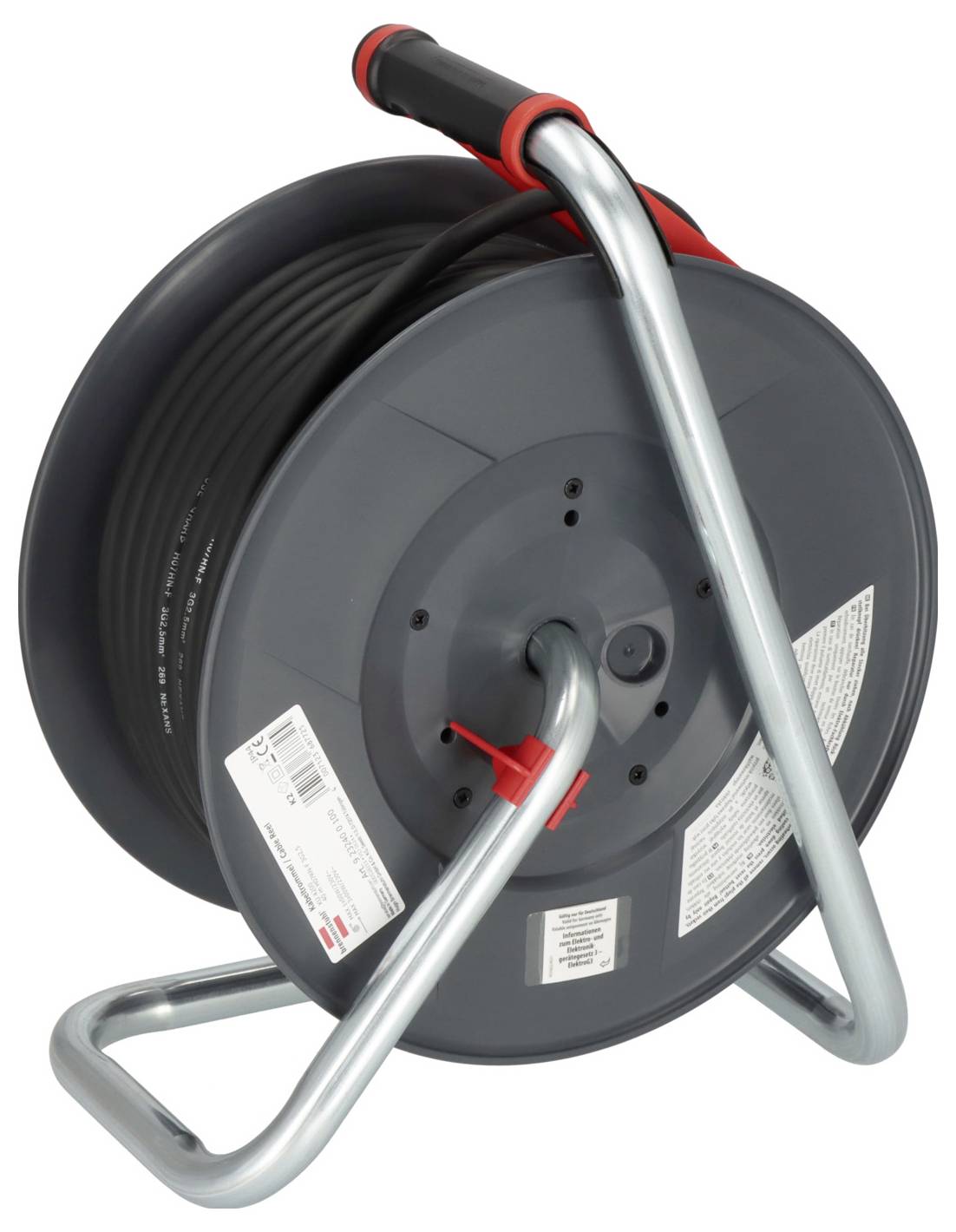 Eine schwarze Kabeltrommel mit rotem Griff, montiert auf einem silbernen Gestell. Es ist ein elektrisches Verlängerungskabel.