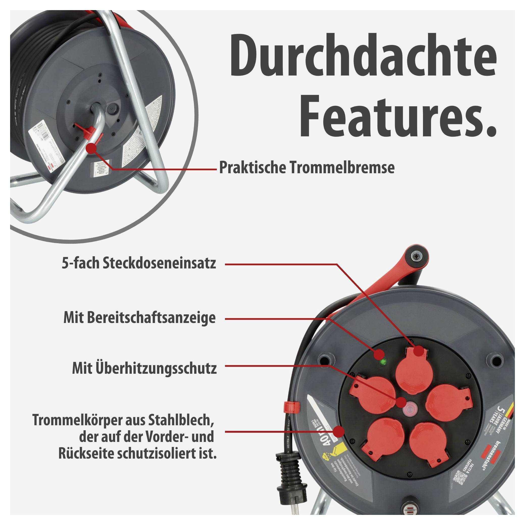 Werbeabbildung einer Kabeltrommel mit 'Durchdachte Features': Trommelbremse, 5-fach Steckdoseneinsatz, Bereitschaftsanzeige, Überhitzungsschutz und isoliertem Stahlblechgehäuse.