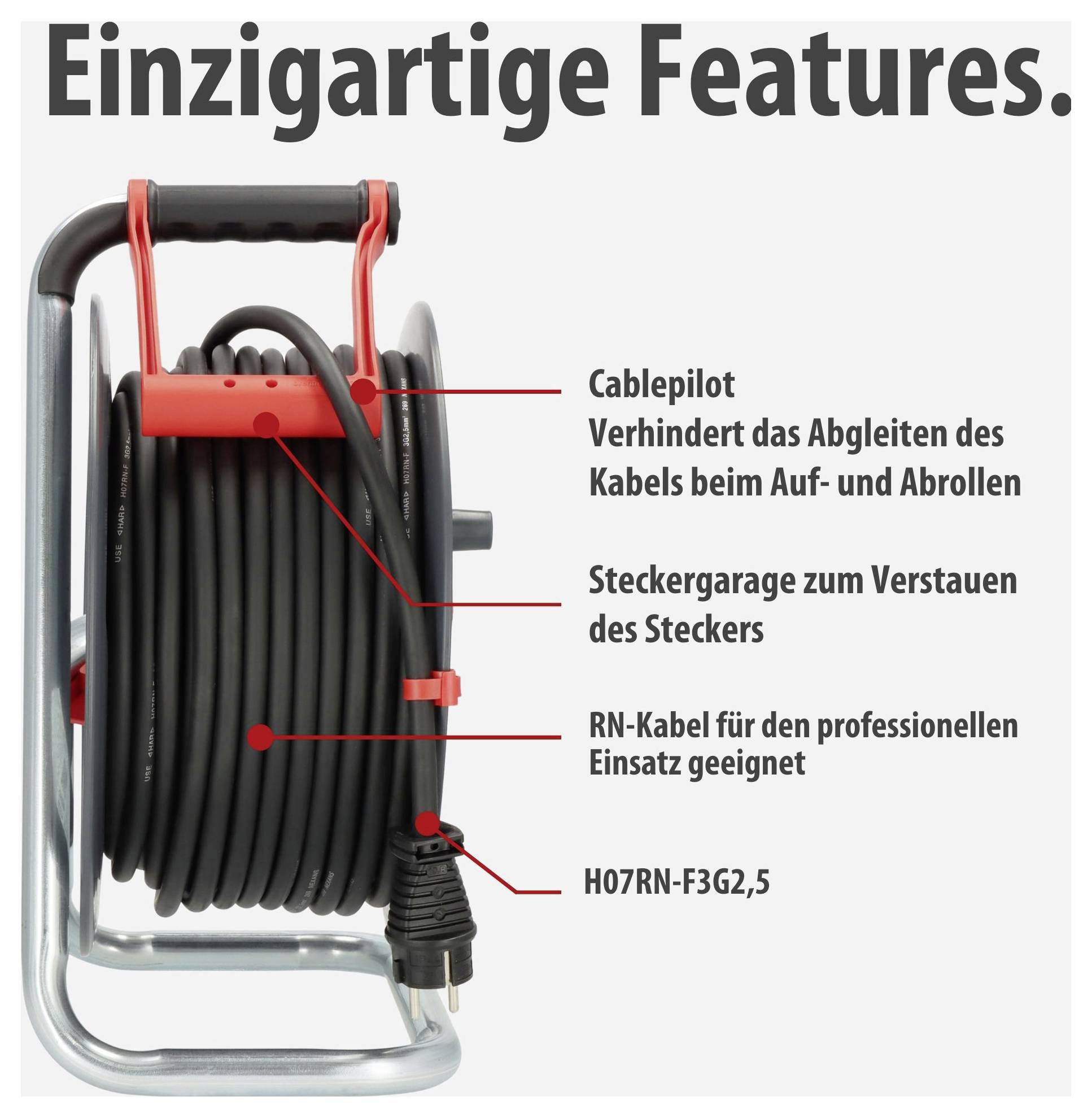 Kabeltrommel mit 'Einzigartige Features': Cablepilot gegen Abrutschen, Steckergarage, RN-Kabel und H07RN-F3G2,5.