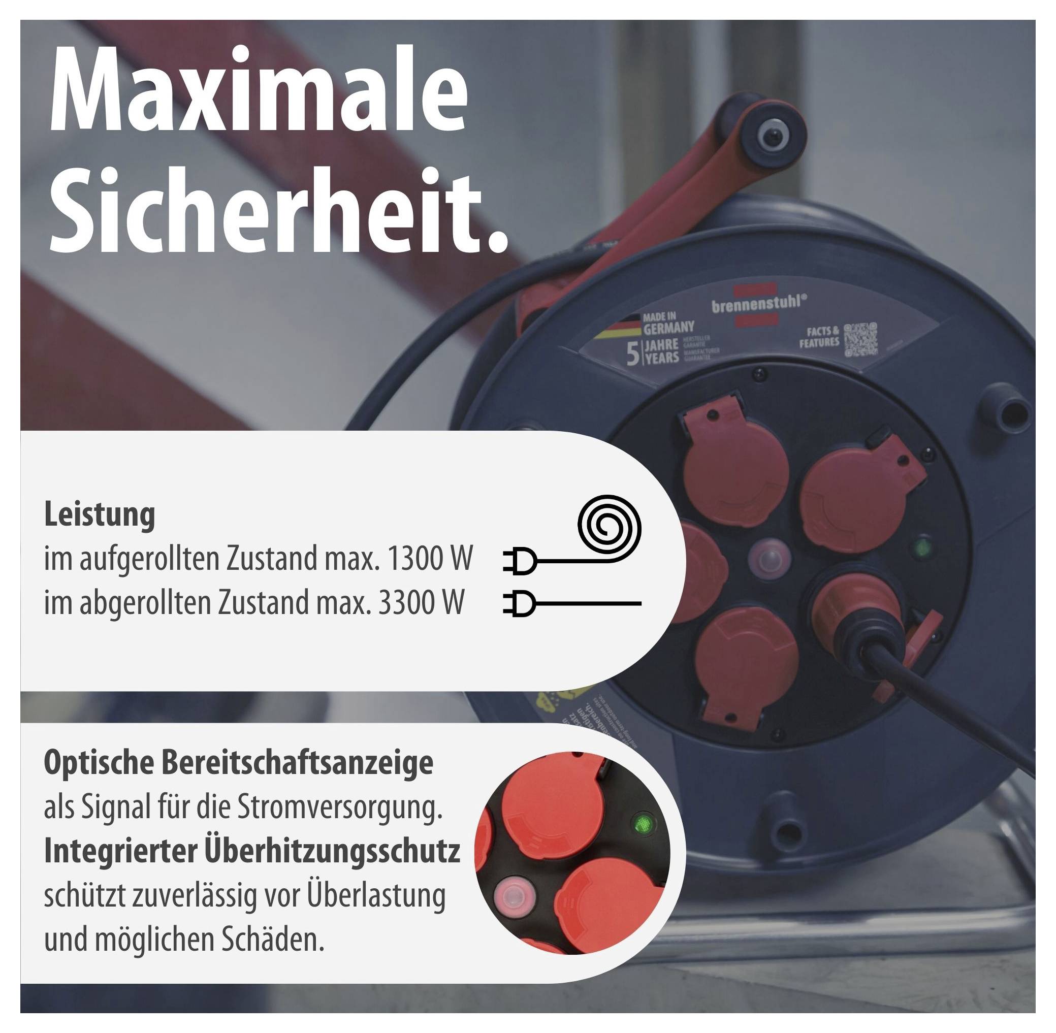 Werbeplakat für eine Kabeltrommel mit der Überschrift 'Maximale Sicherheit'; zeigt Leistung bis 1300 W aufgerollt und 3300 W abgerollt sowie Überhitzungsschutz und Bereitschaftsanzeige.