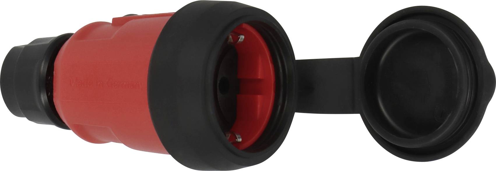 Roter Industrie-Elektrostecker mit schwenkbarer schwarzer Schutzkappe, in Seitenansicht auf weißem Hintergrund dargestellt.