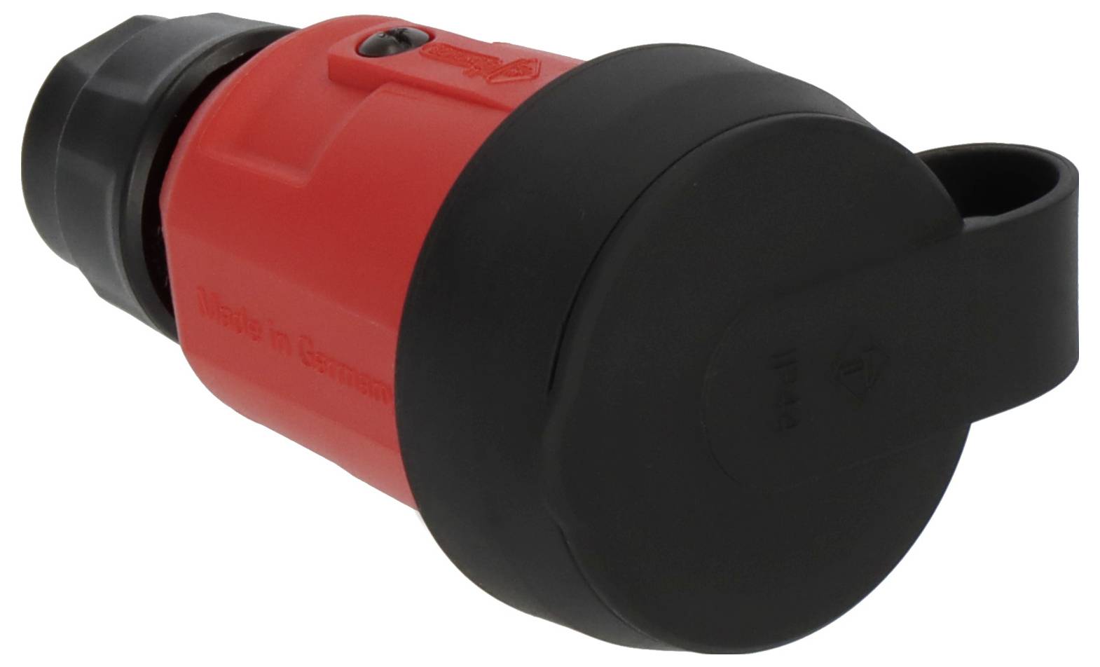 Rote und schwarze tragbare Taschenlampe oder Notfallbake mit Griffschlaufe, dargestellt vor weißem Hintergrund.