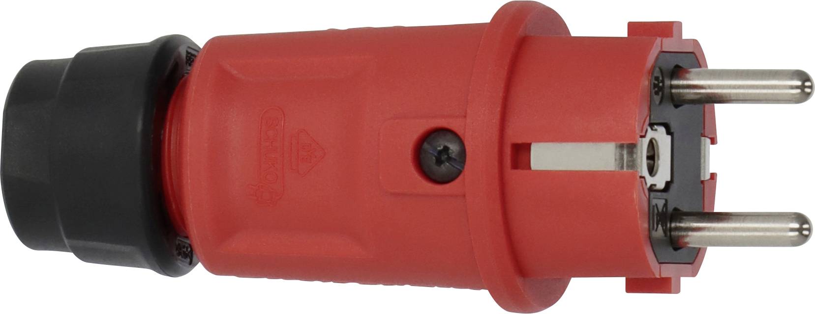 Rotes industrielles Stromkabel mit zwei Metallkontakten und schwarzer Kabelmuffe auf weißem Hintergrund.