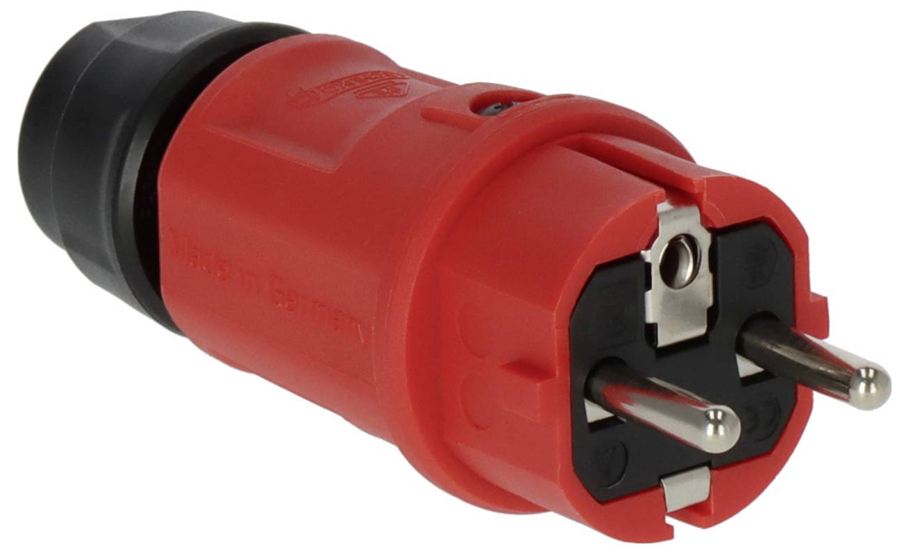 Roter Industrie-Stromstecker mit drei Kontakten und schwarzer Kappe, auf weißem Hintergrund dargestellt.