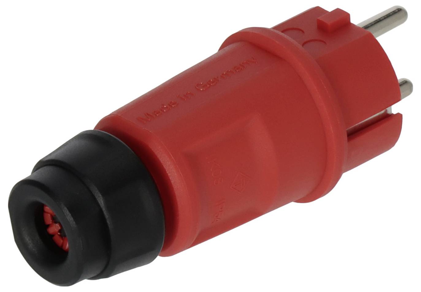 Rot-schwarzer Elektrostecker-Adapter mit zwei Metallstiften, auf weißem Hintergrund dargestellt.
