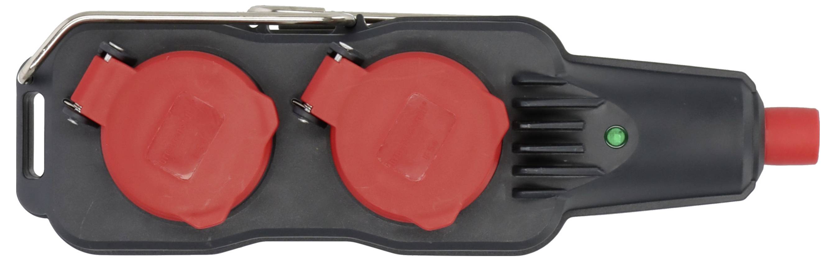 Schwarzes Elektrosteckergehäuse mit zwei roten Schutzkappe und einem roten Endstecker, dargestellt auf weißem Hintergrund.