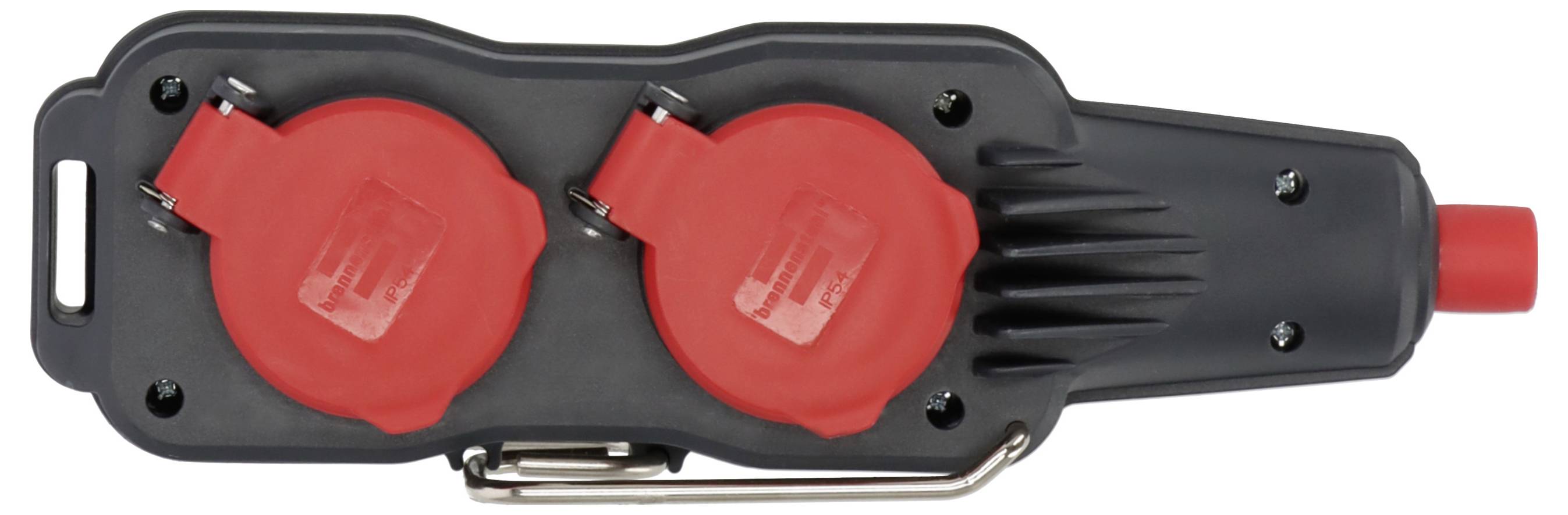 Schwarzer Doppelsteckdosen-Elektrostecker mit zwei roten Schutzabdeckungen und rotem Steckerstecker.