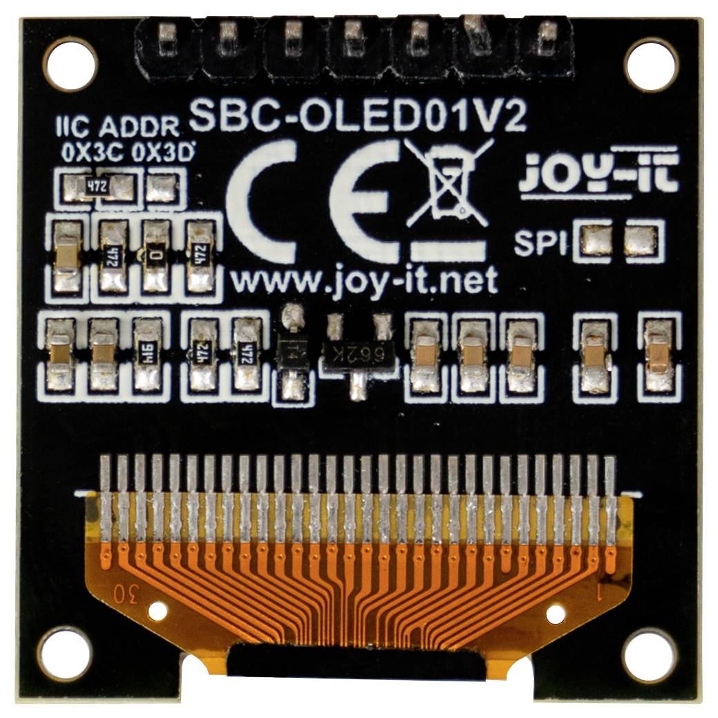 Kleines OLED-Display-Modul mit IIC-Adresse 0x3C 0x3D von Joy-IT, Modell SBC-OLED01V2, zeigt Schaltkreise und Anschlüsse.