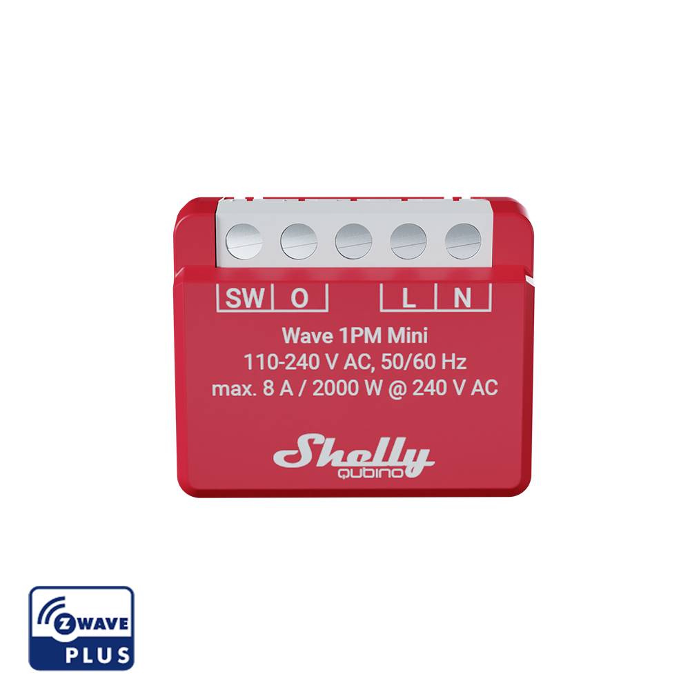 Rotes Modul 'Shelly 1PM Mini' zur Steuerung elektrischer Lasten. Text: '110-240 V AC, 50/60 Hz, max. 8 A/2000 W @ 240 V AC'. Z-Wave Plus Symbol links unten.