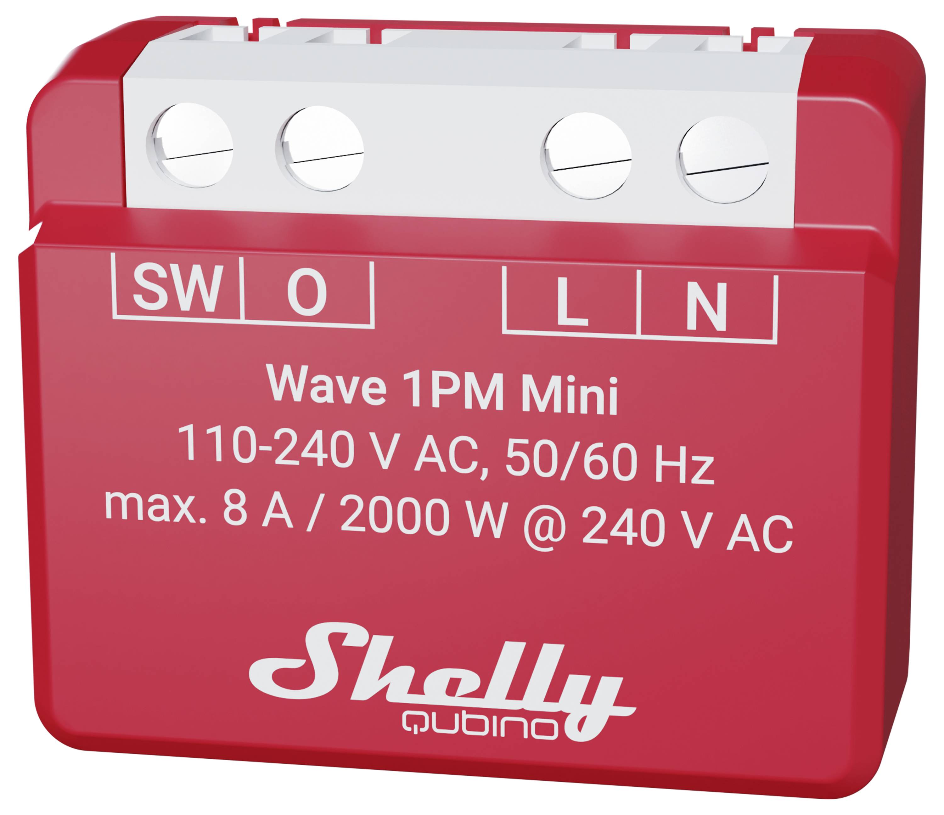 Rotes elektrisches Gerät mit Beschriftung 'SW', 'O', 'L', 'N'. Text: 'Wave 1PM Mini, 110-240 V AC, 50/60 Hz, max. 8 A / 2000 W @ 240 V AC, Shelly Qubino'.