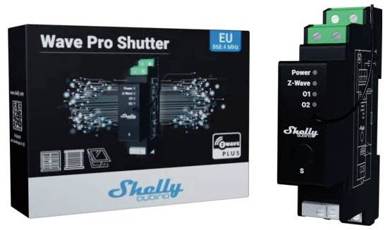 Verpackung und Gerät eines Shelly Wave Pro Shutter, EU-Version. Drahtloses Modul für Rollladensteuerung. Z-Wave Plus Technologie.