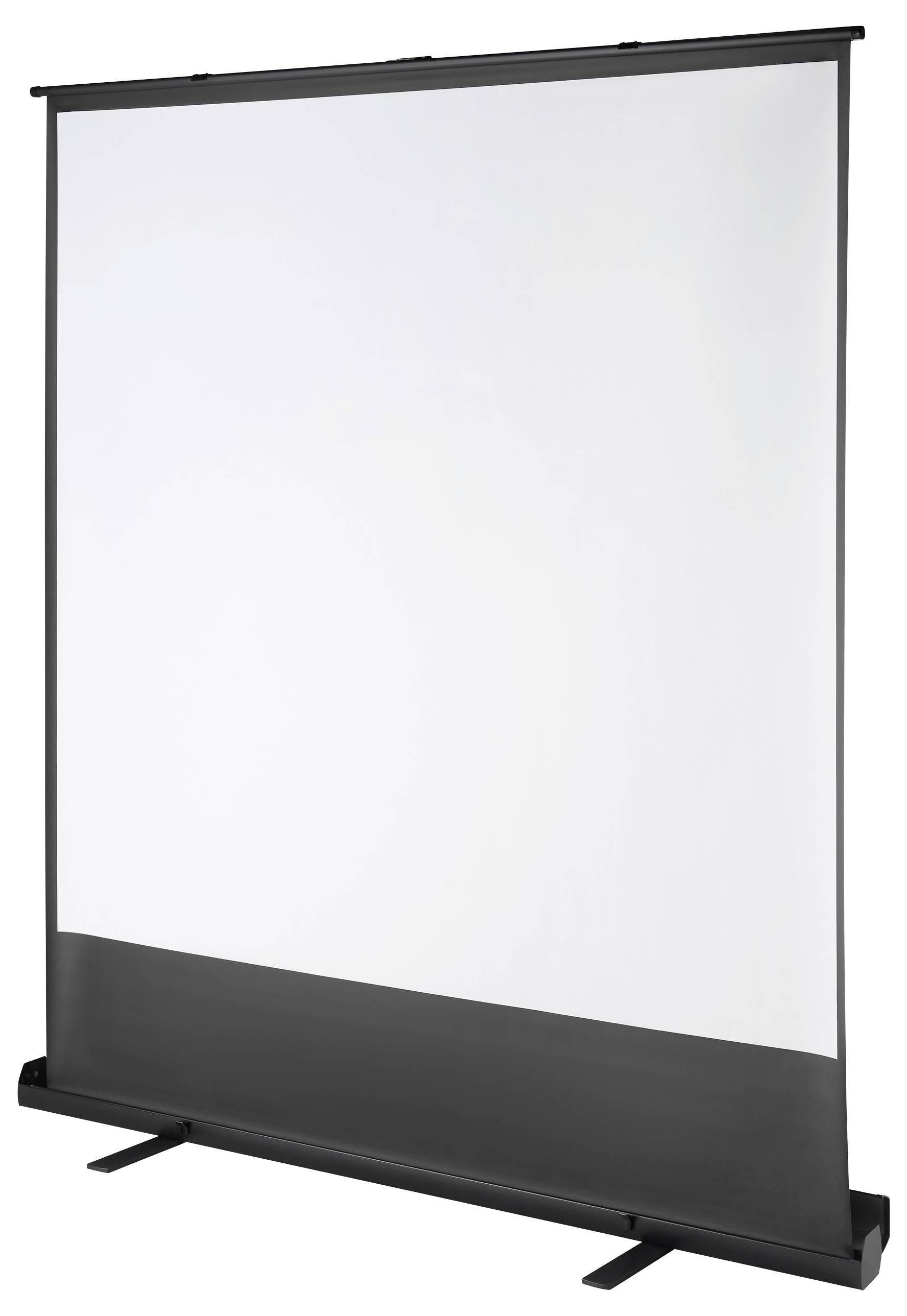 Tragbare Projektionsleinwand mit schwarzem Gehäuse und ausziehbarem, weißem Bildschirm, ideal für Präsentationen und Filmvorführungen.
