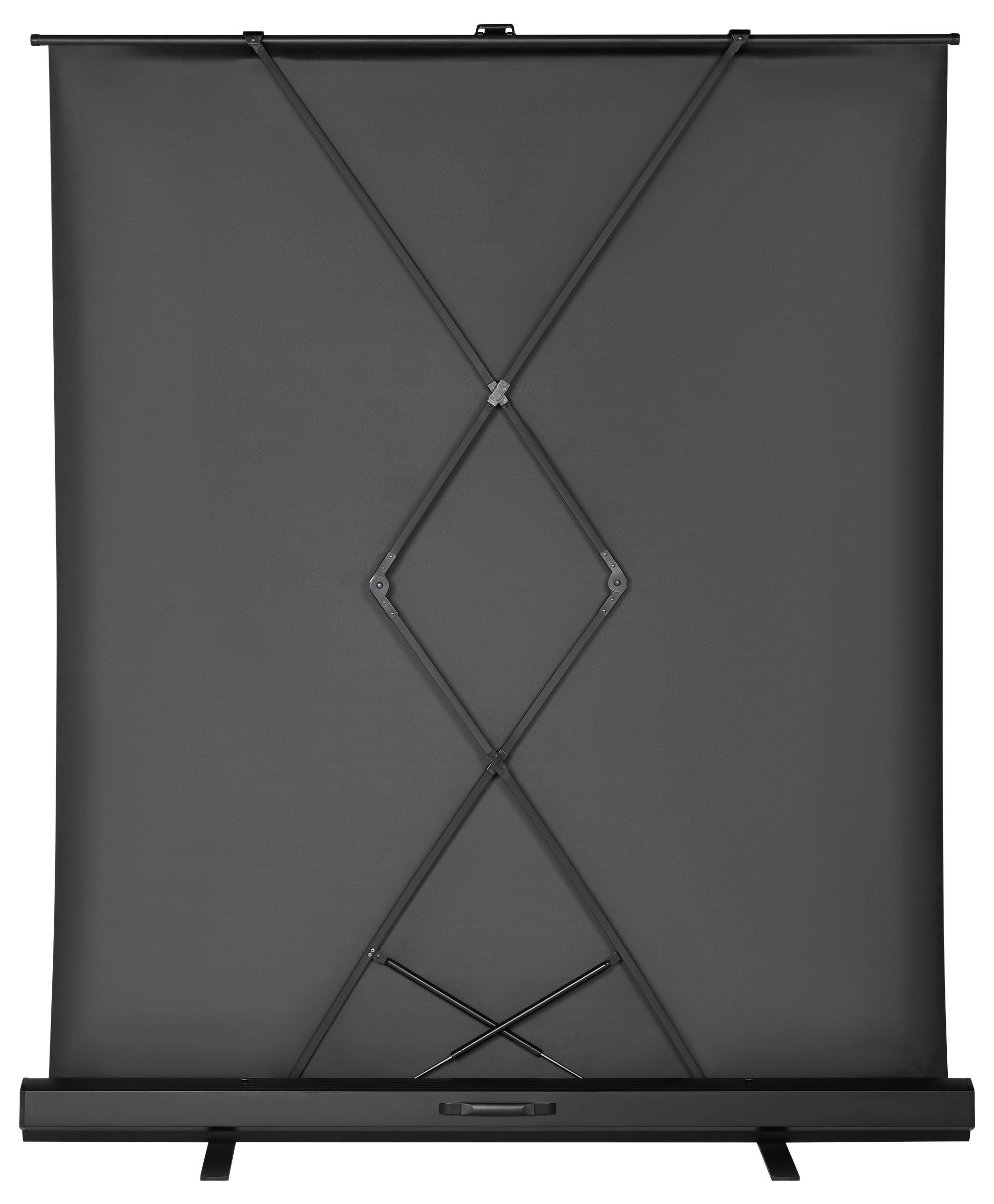 Ein schwarzer ausziehbarer Projektionsleinwand, zurückgerollt und von hinten gezeigt, mit einem X-förmigen Ständer zur Stabilisierung.