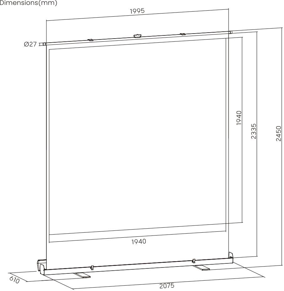 Technische Zeichnung eines quadratischen Elements mit Maßen: Breite 1995 mm, Höhe 2450 mm, Tiefe 105 mm.