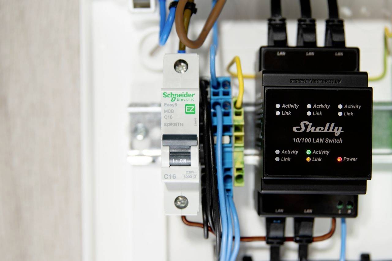 Elektrischer Schaltkasten mit einem Schneider-Leitungsschutzschalter und einem Shelly-LAN-Switch. Kabel verbinden die Komponenten.
