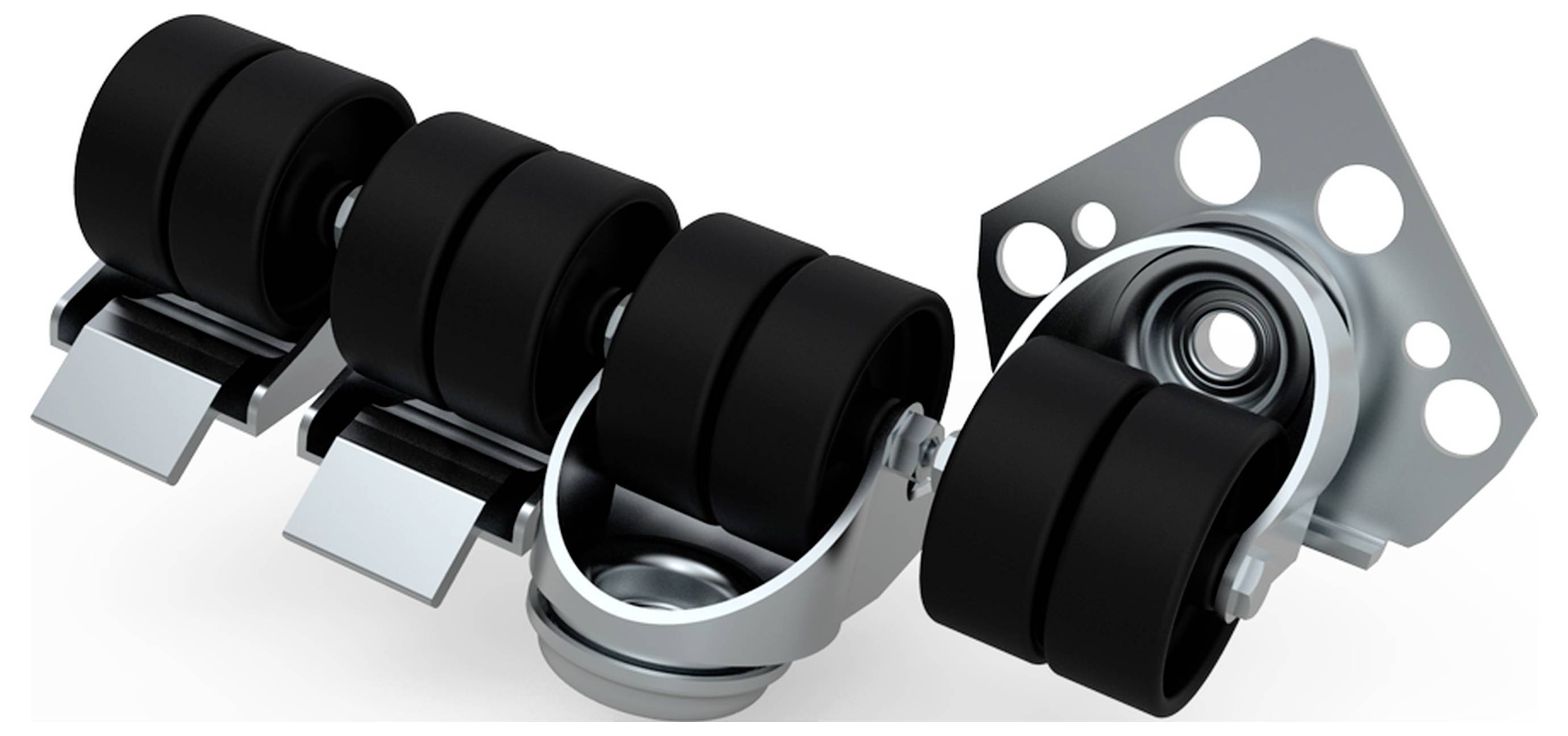 Schwarze Möbelrollen mit Metallbefestigungen in einer Reihe. Zwei vertikale, zwei horizontale Rollen; geeignet für Stühle und Möbel.