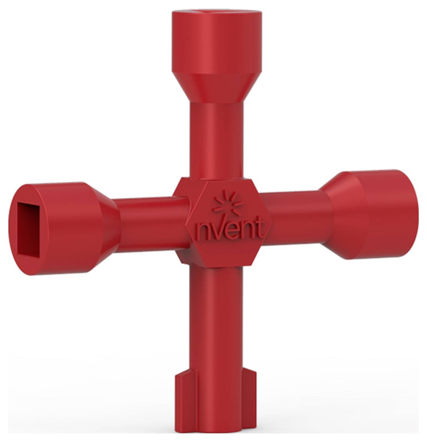 Rotes Kunststoffrohrstück mit vier Anschlüssen in Form eines Kreuzes. In der Mitte befindet sich ein Logo mit der Aufschrift 'nVent'.