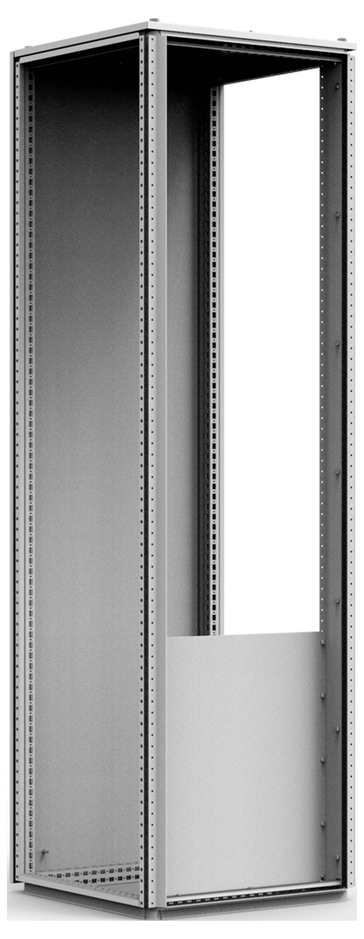 Ein leerer, silberner Server-Rack-Schrank ohne Türen und Seitenwände, geeignet zur Aufnahme von IT-Geräten in einem Rechenzentrum.