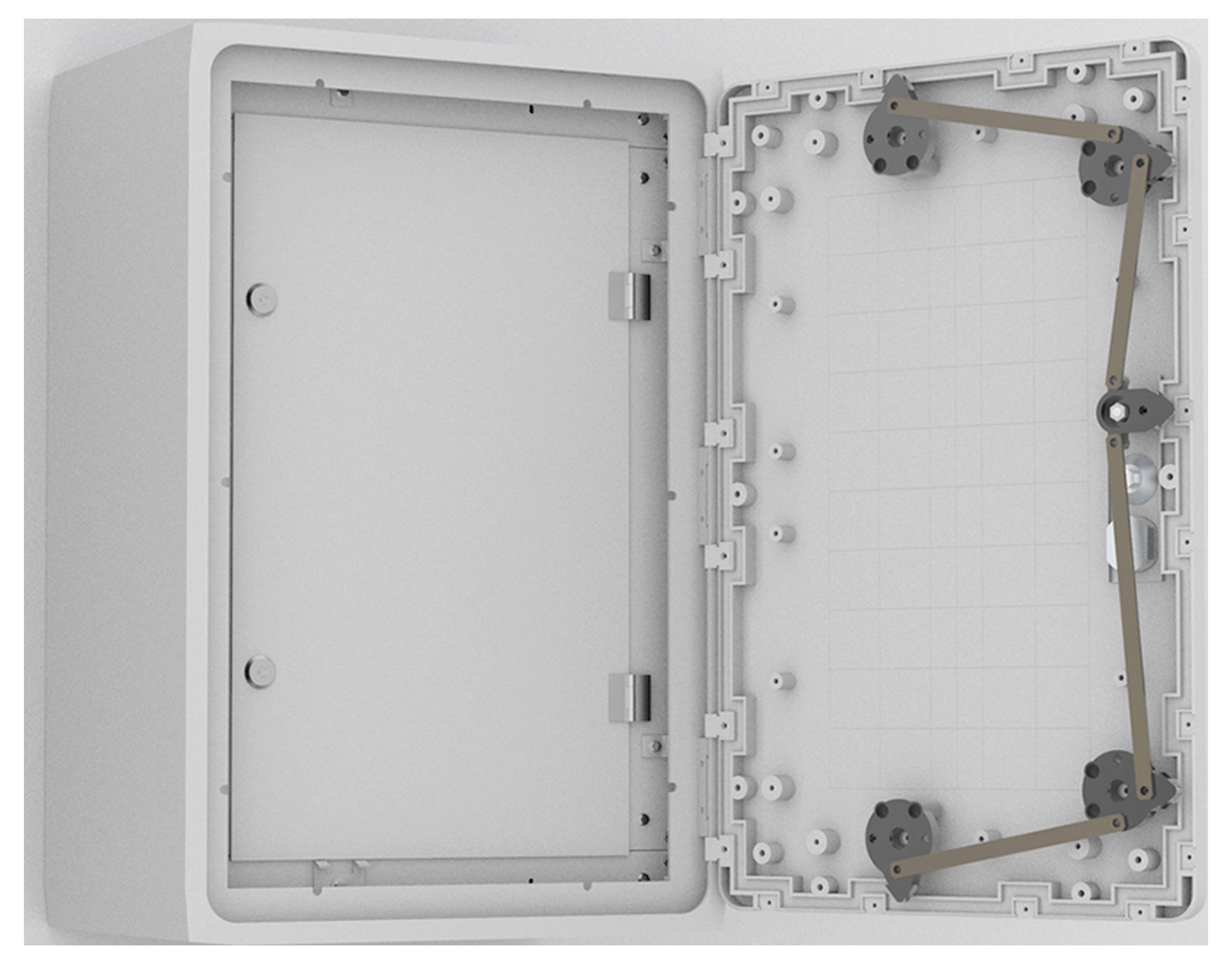 Offener, leerer grauer Kasten mit montierbarem Rahmen und Scharnieren auf der linken Seite, geeignet für Wandinstallation.